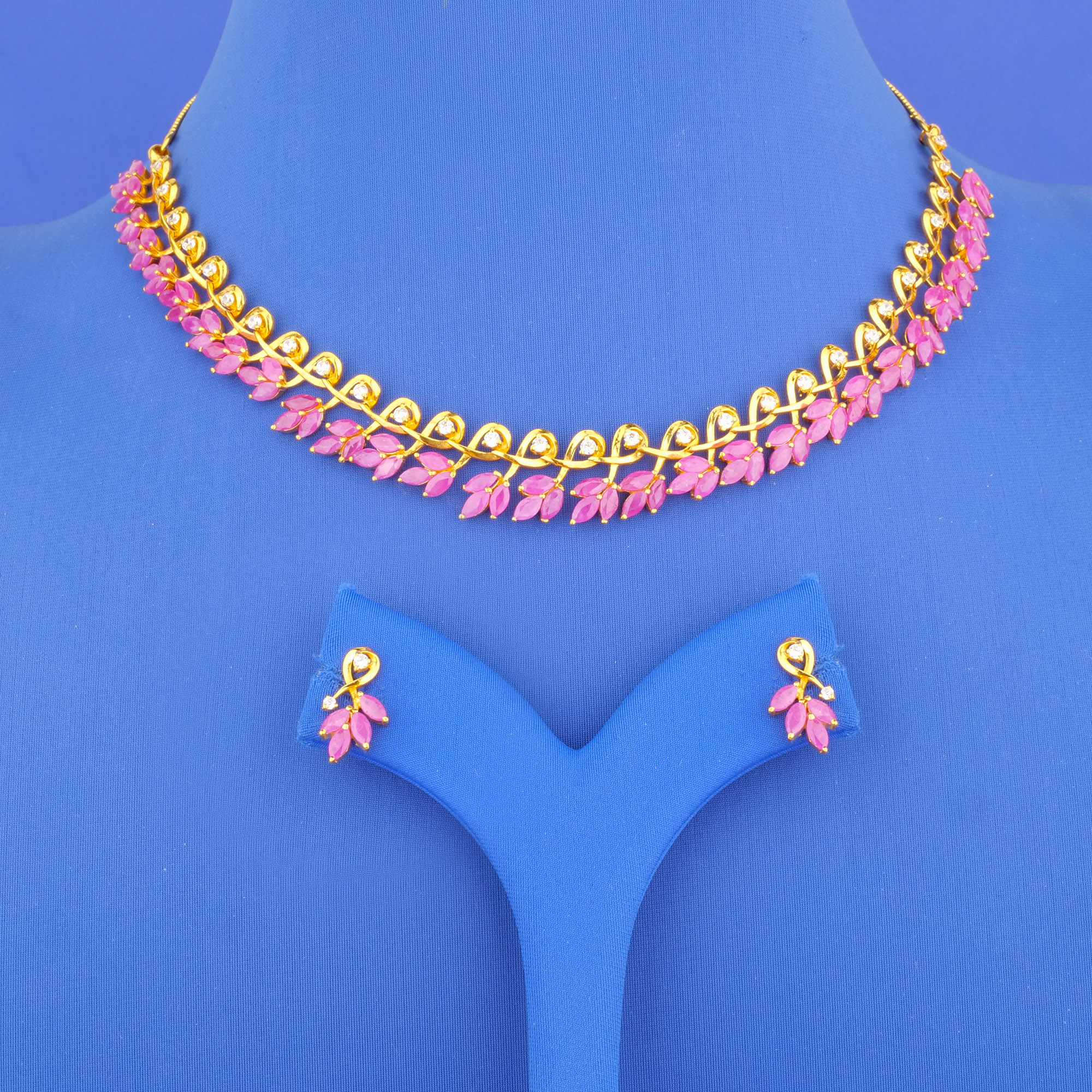 22K Gold Ruby Cubic Zirconia Necklace and Earrings Set