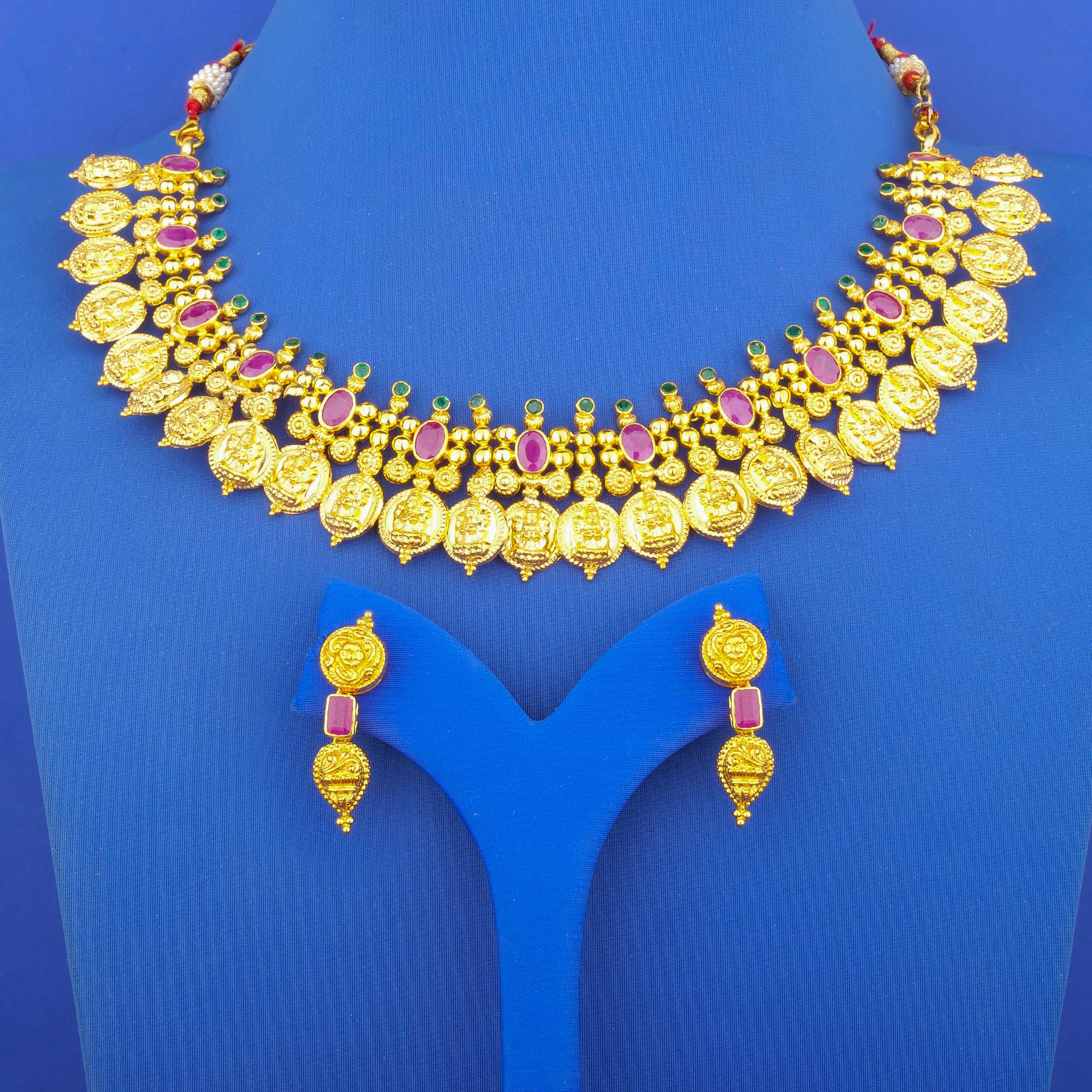 Twenty-Two Karat Gold 'Lakshmi' Ruby Emerald Necklace and Earrings Set