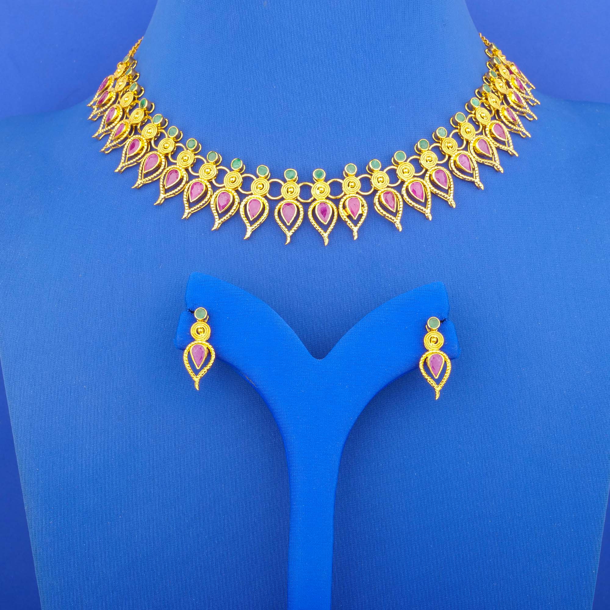 Twenty-Two Karat Gold Ruby Emerald Necklace and Earrings Set