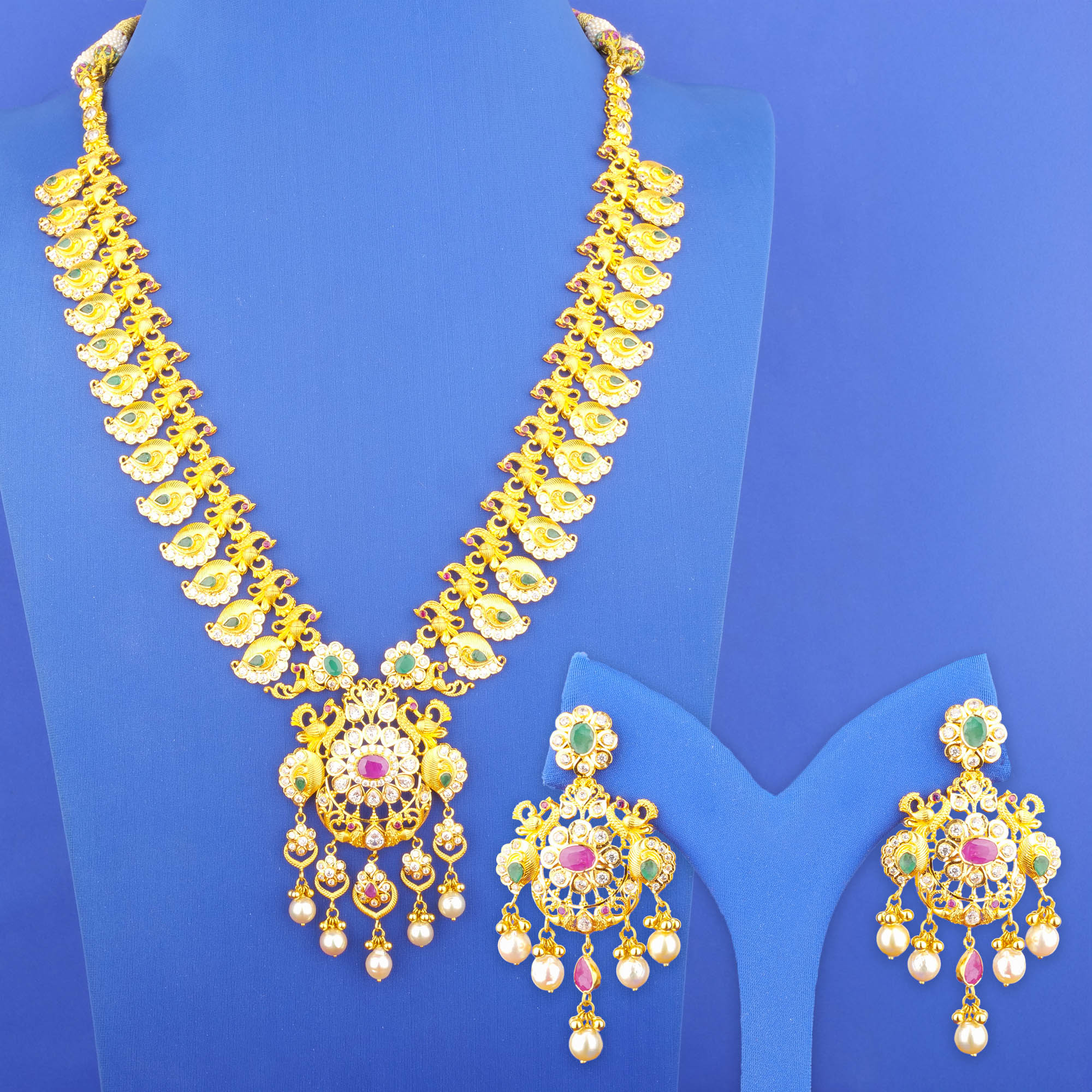 22K Gold Ruby Emerald Cubic Zirconia Pearl Necklace and Earrings Set