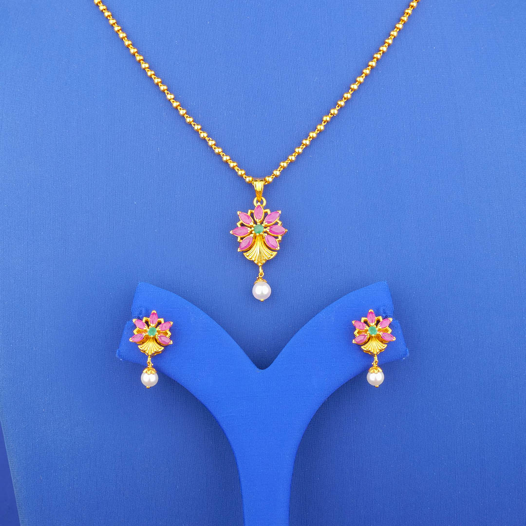 Twenty-Two Karat Gold Ruby Emerald Pearl Necklace and Earrings Set