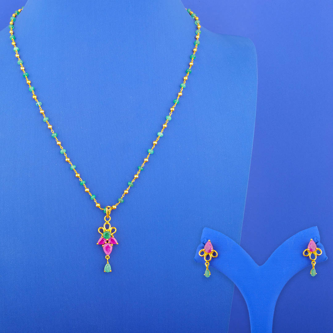 Twenty-Two Karat Gold Ruby Emerald Necklace and Earrings Set