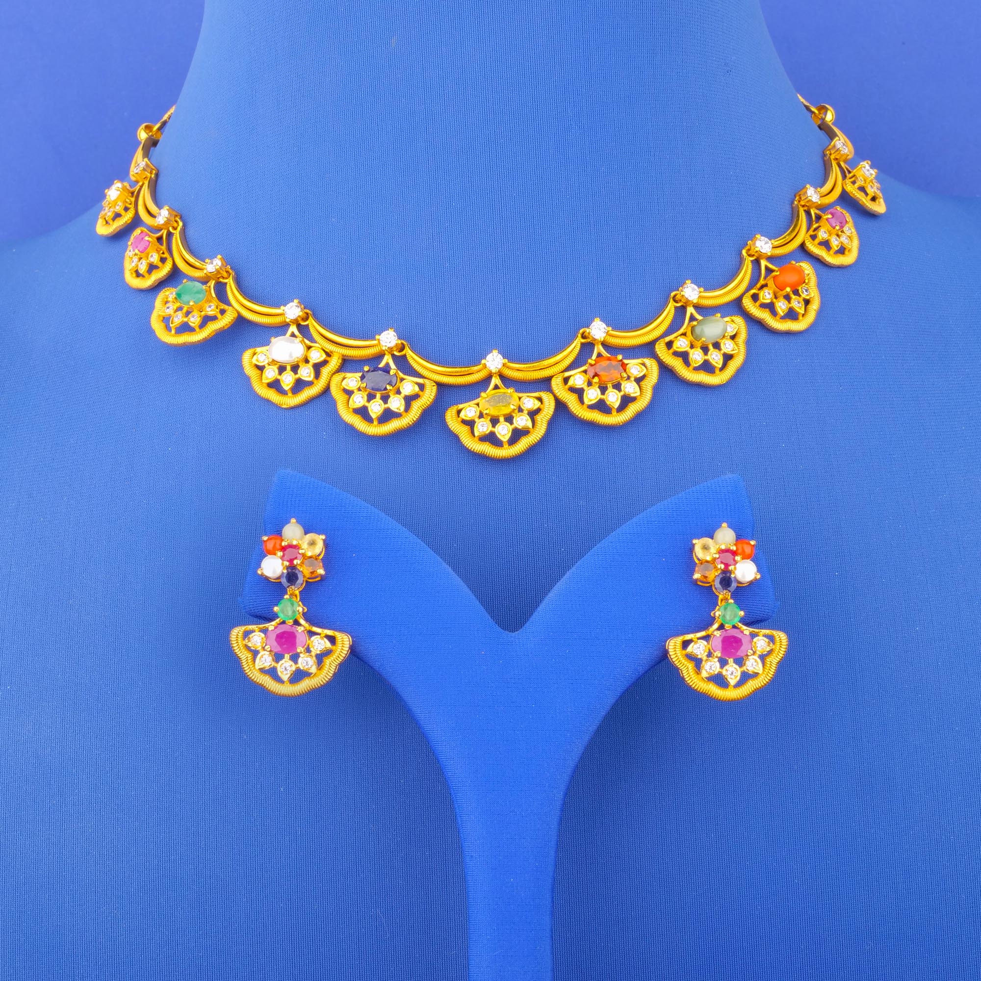 Twenty-Two Karat Gold Navratna Cubic Zirconia Necklace and Earrings Set