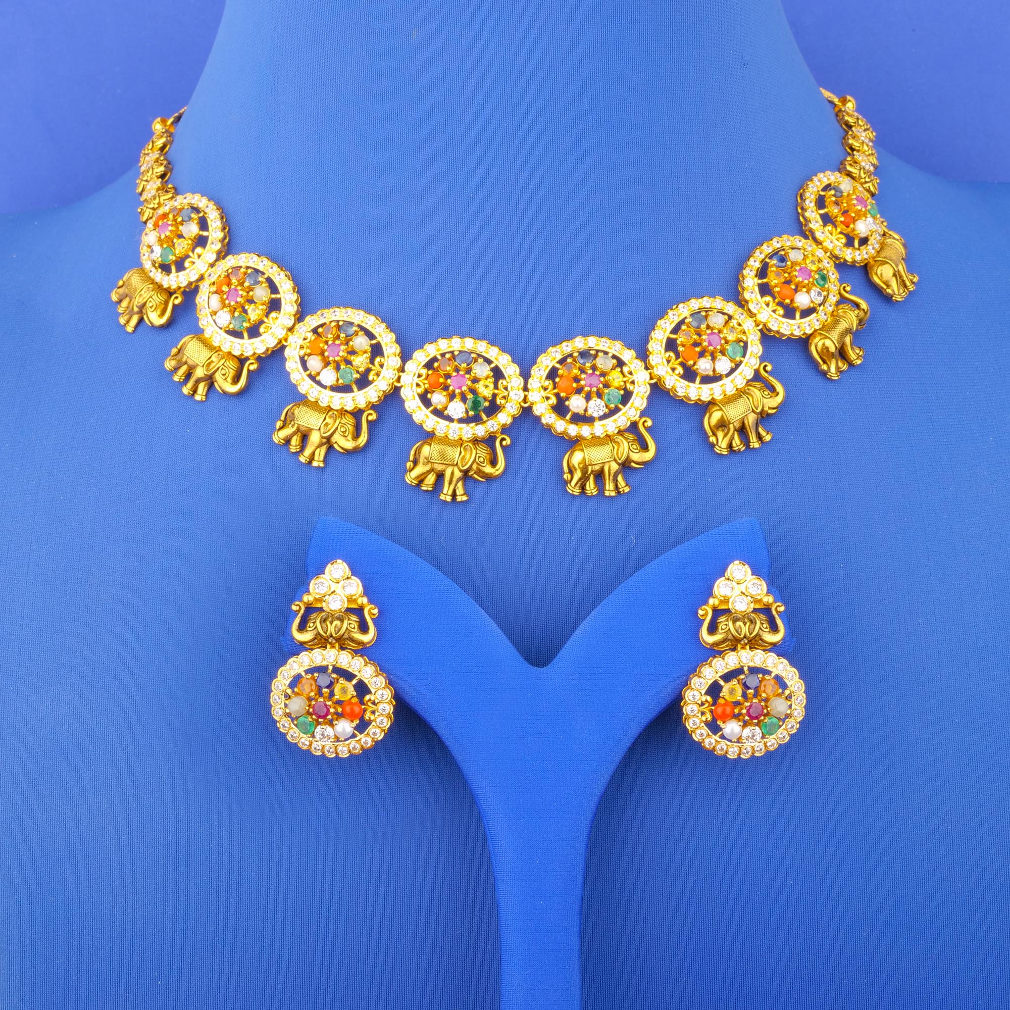 Twenty-Two Karat Gold Navratna Cubic Zirconia Necklace and Earrings Set