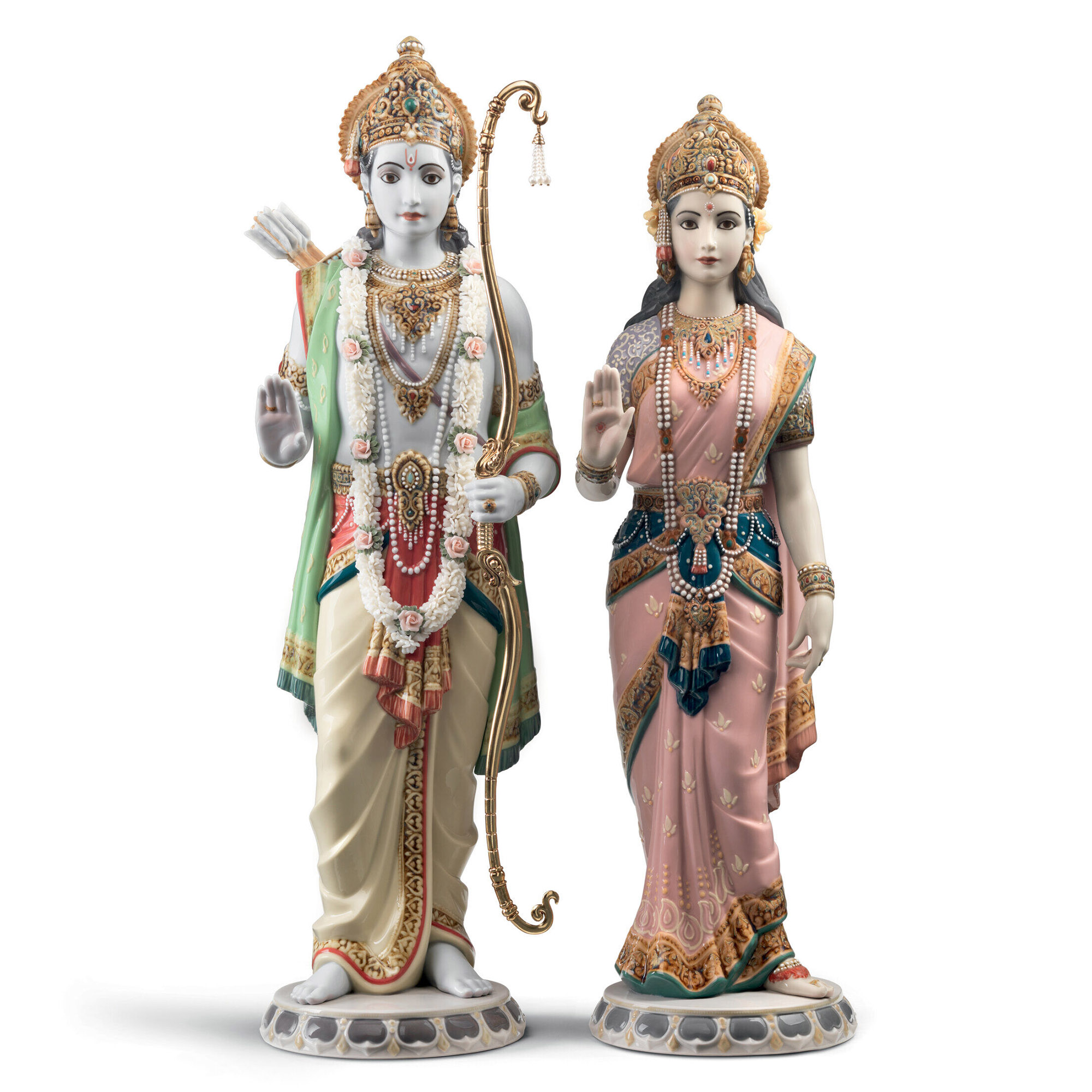 Rama and Sita Sculpture. Limited Edition. Porcelain sculpture of the Hindu figures Rama and Sita in various colours and gold lustre.