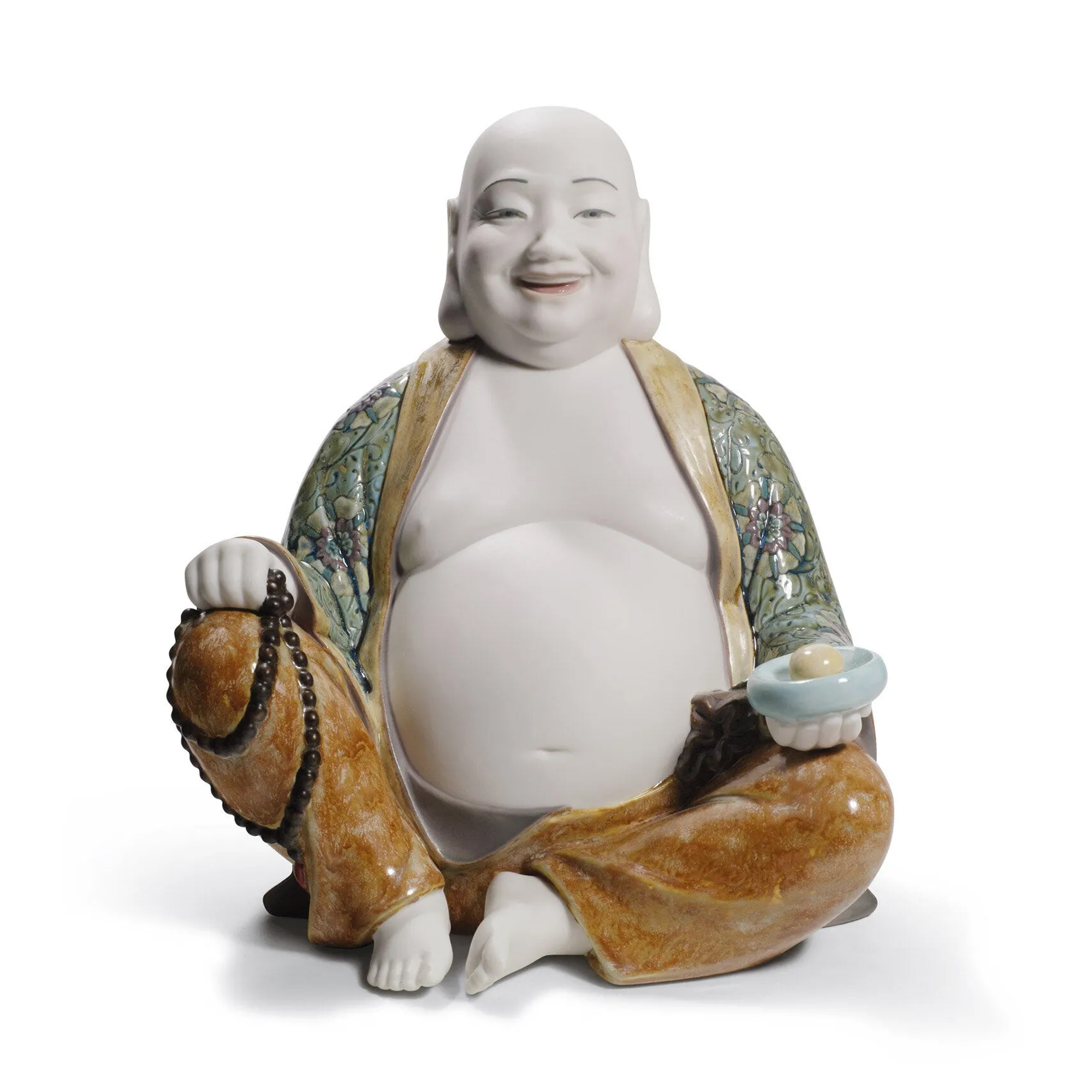 Happy Buddha figurine in matte porcelain, decorated with ochre and green enamels. Base not included