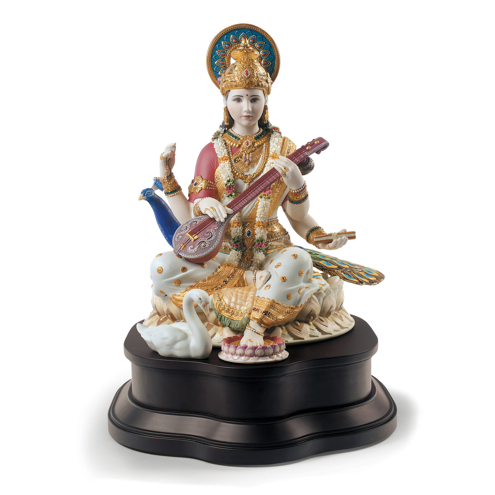 Saraswati Sculpture. Limited Edition Sculpture of the Hindu goddess Saraswati in a combination of matte white porcelain and gold lustre.