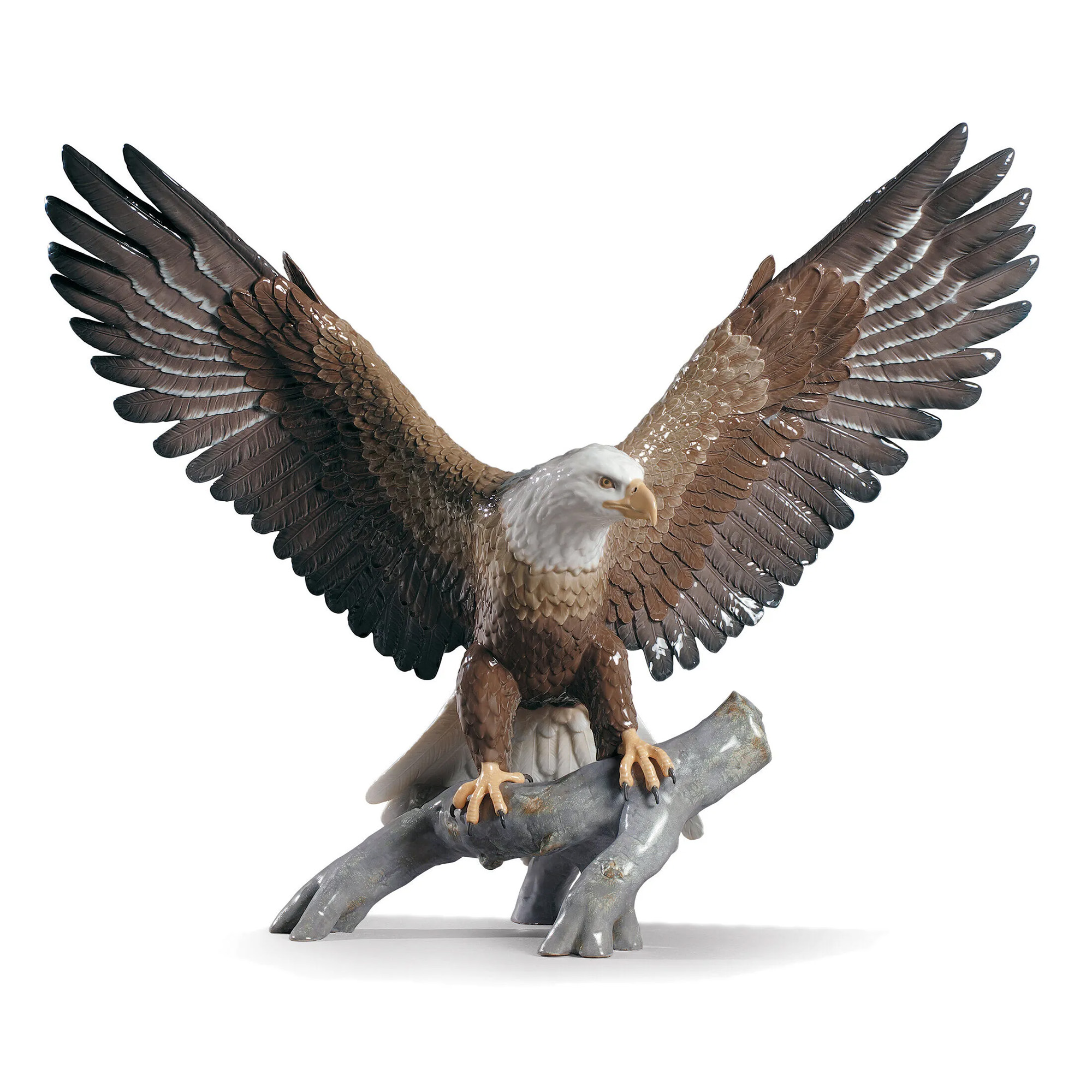 Freedom Eagle sculpture in brown porcelain with a white head on a branch.