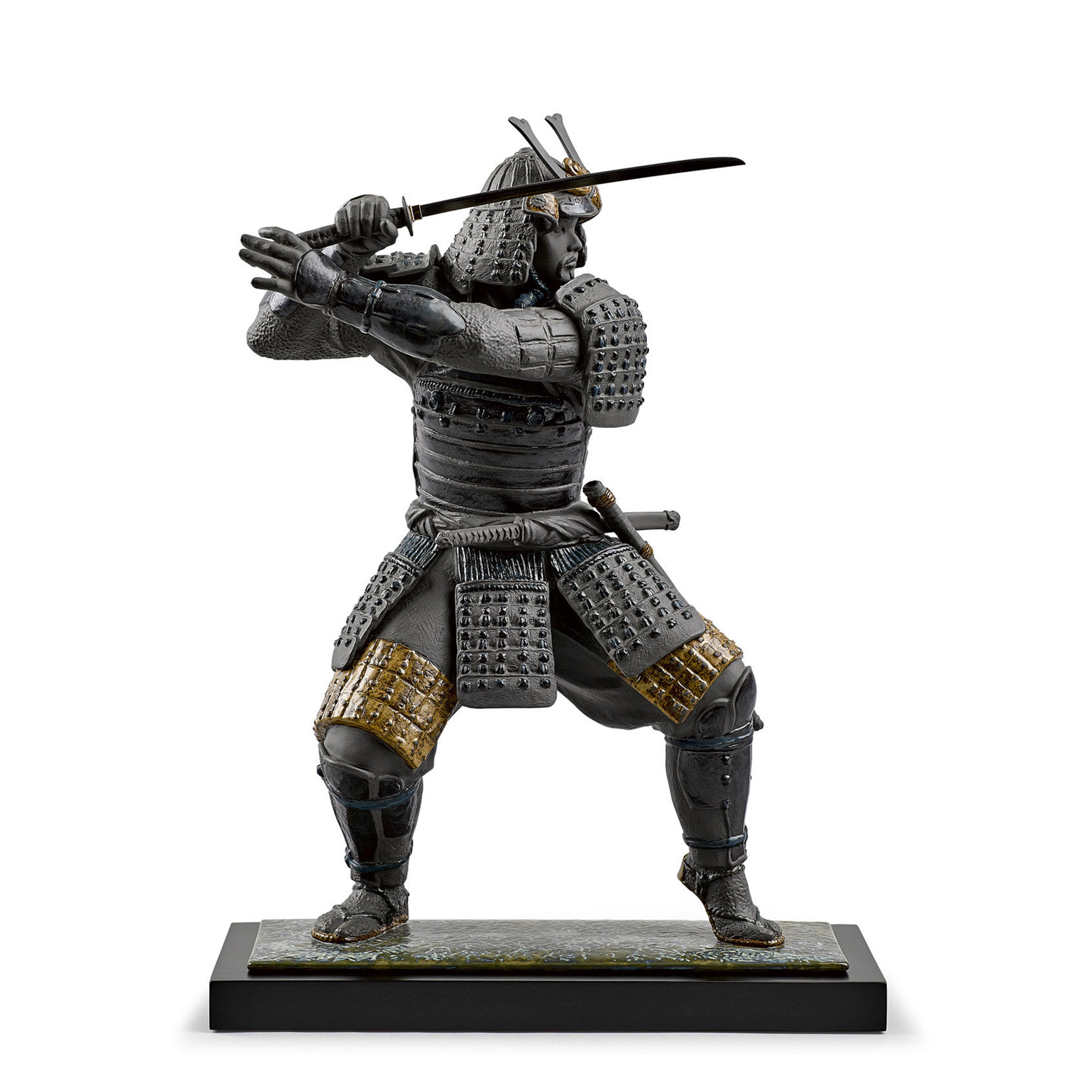 Samurai Warrior porcelain figurine in black stoneware with blue enamels and earth tones with a steel catana.