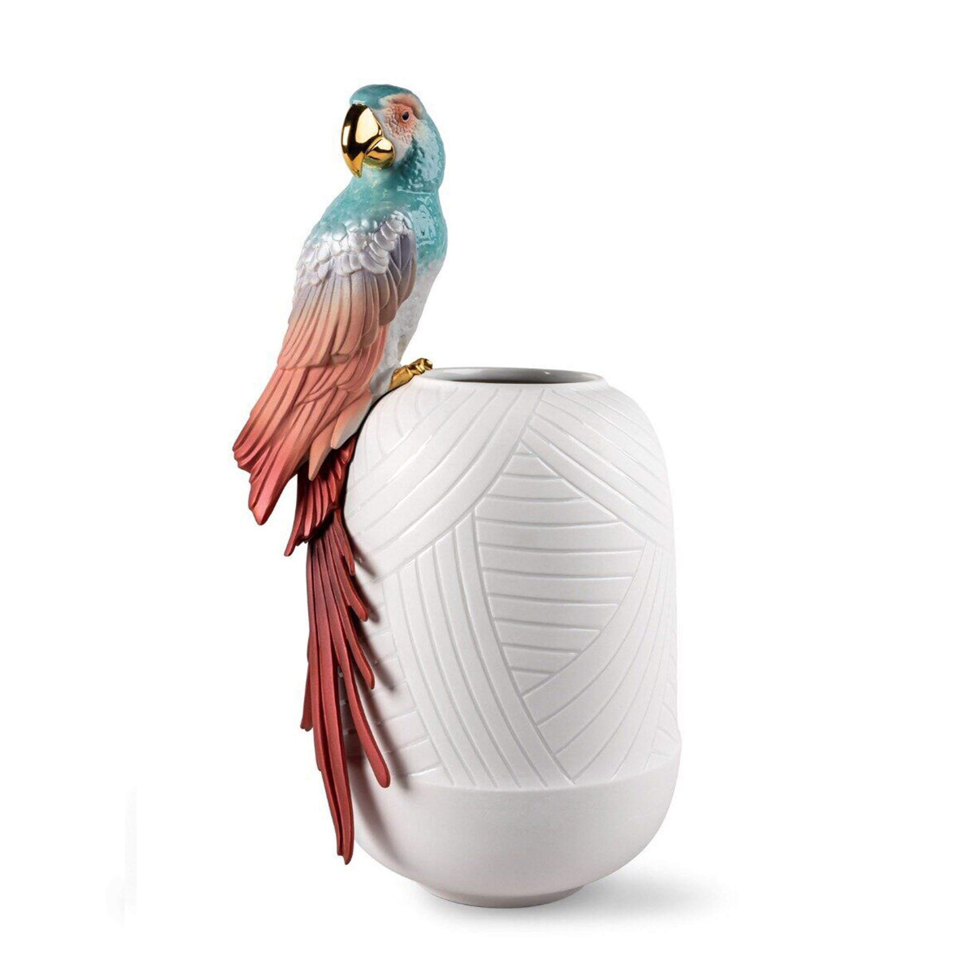 Macaw bird vase. Red Porcelain vase featuring a big, brightly colored macaw.
