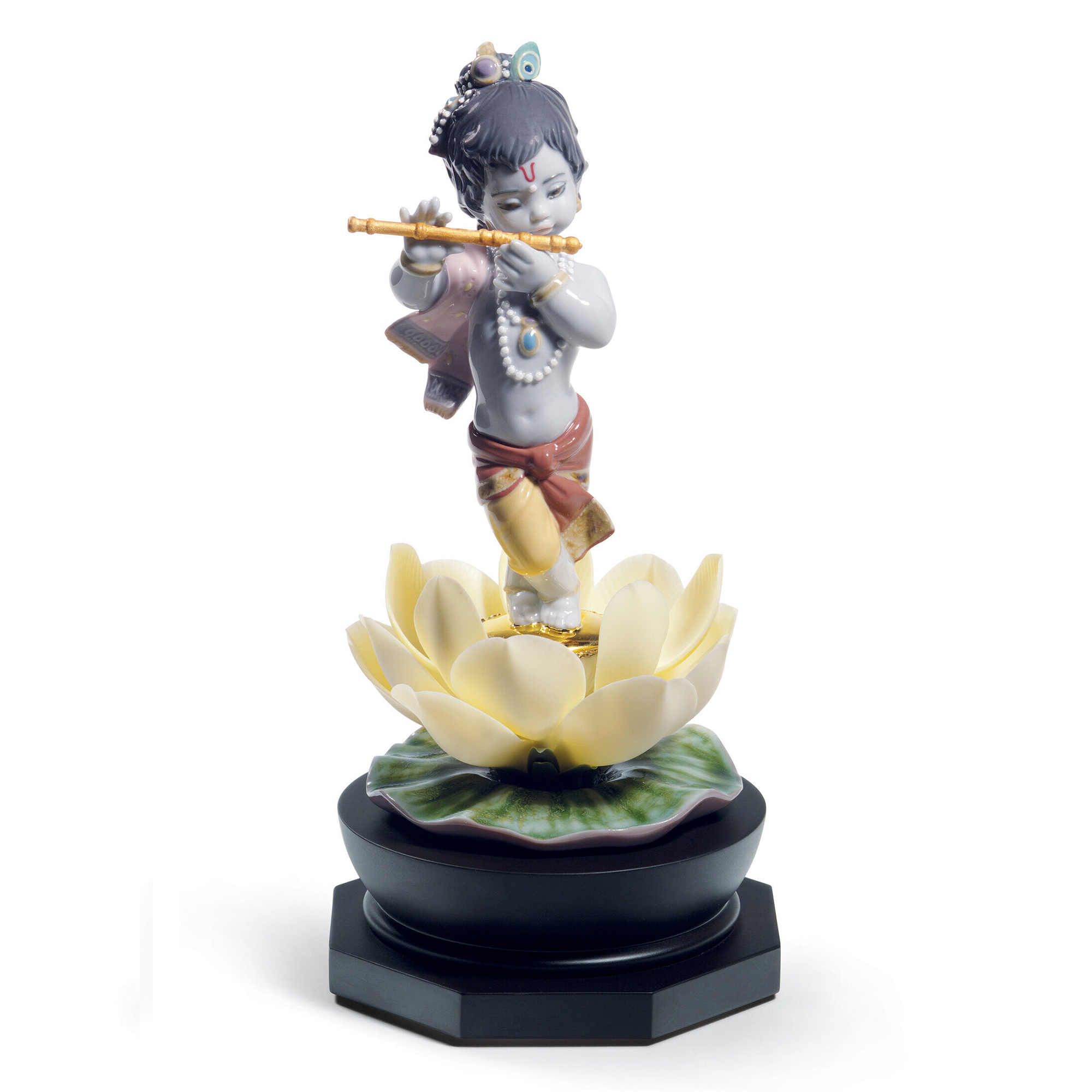 Bal Gopal Figurine Porcelain figurine of the child Bal Gopal playing the flute as he emerges from a handmade lotus flower.
