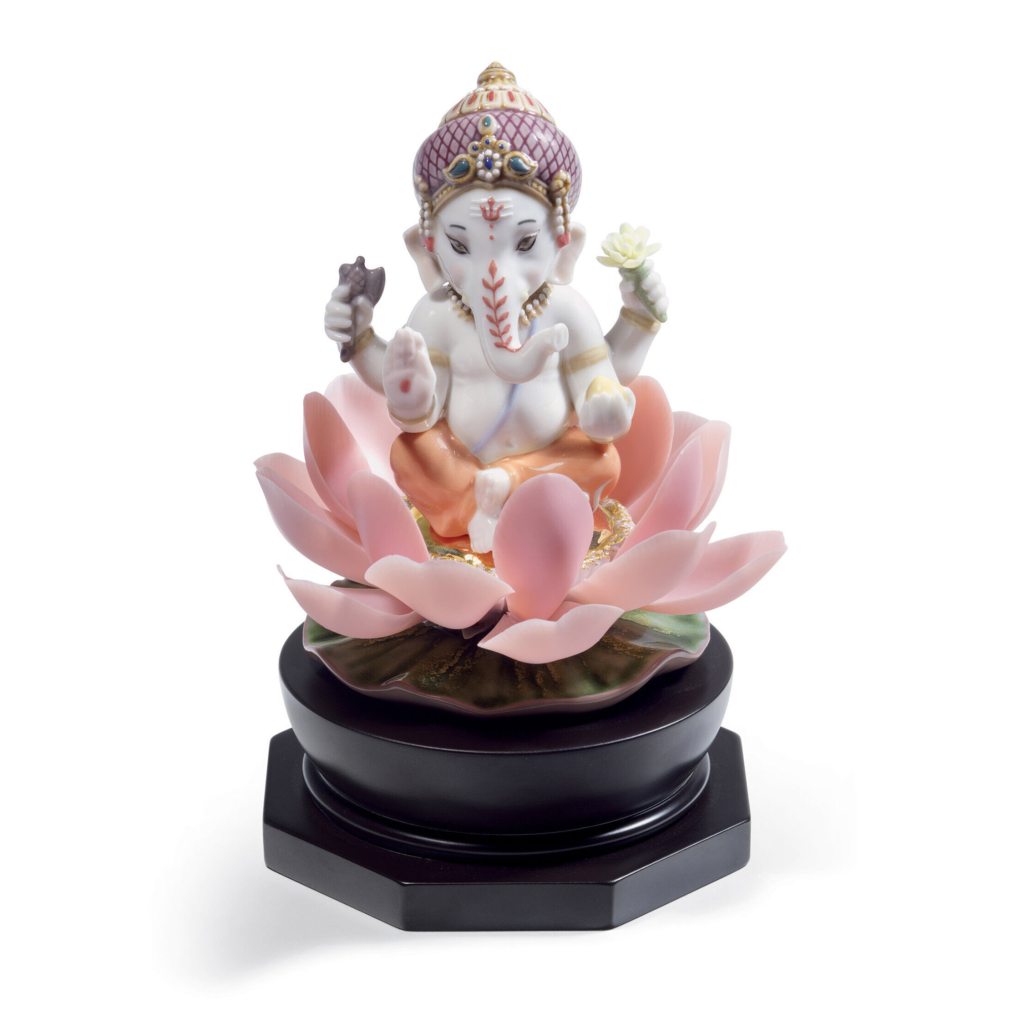 Padmasana Ganesha Figurine Porcelain figurine of the Hindu god of wisdom and knowledge, seated on a handmade lotus flower and embellished with a wide range of singular colours.