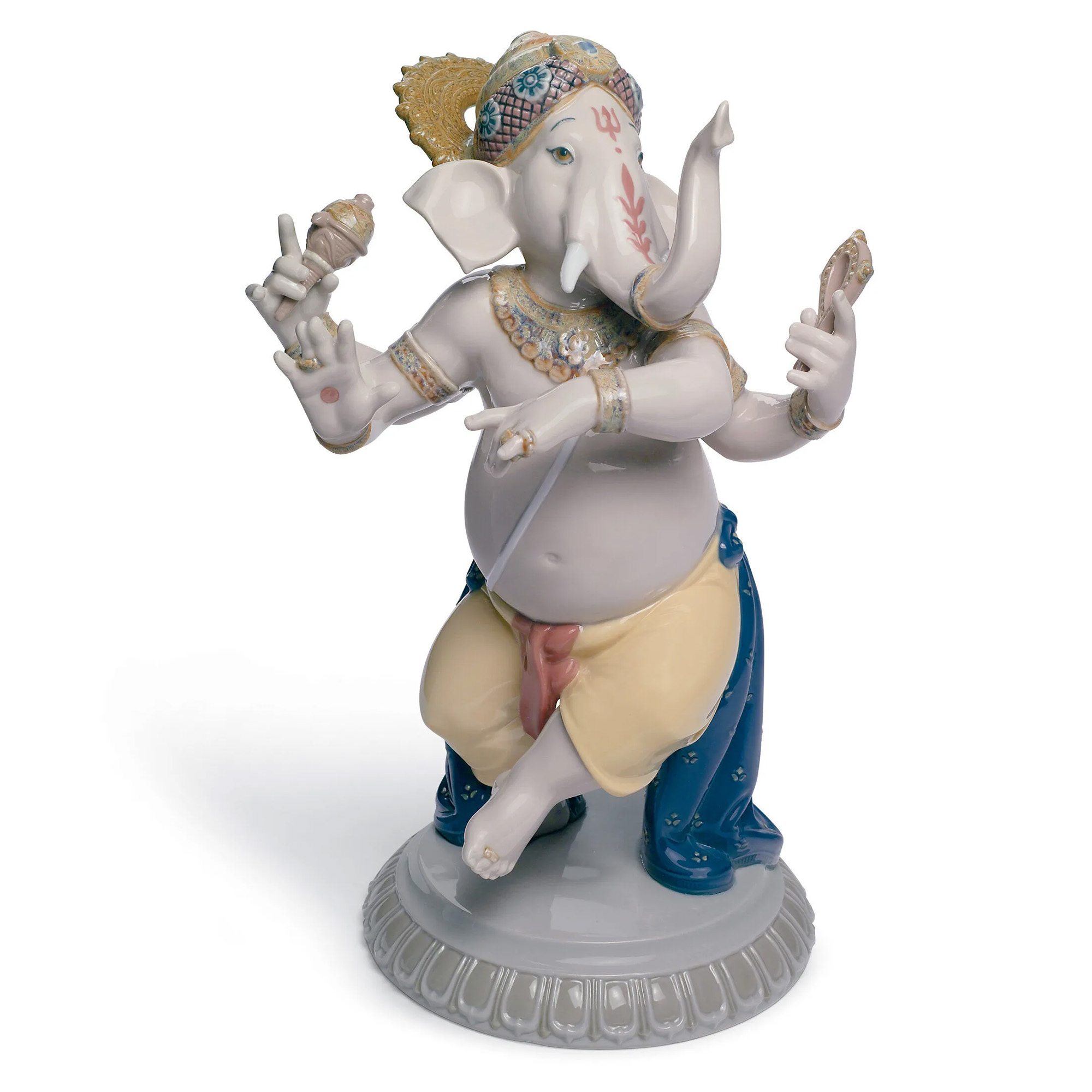 Dancing Ganesha Porcelain figurine of the Hindu god Lord Ganesha, with a human body and the head of an elephant, dancing with various representative accessories.
