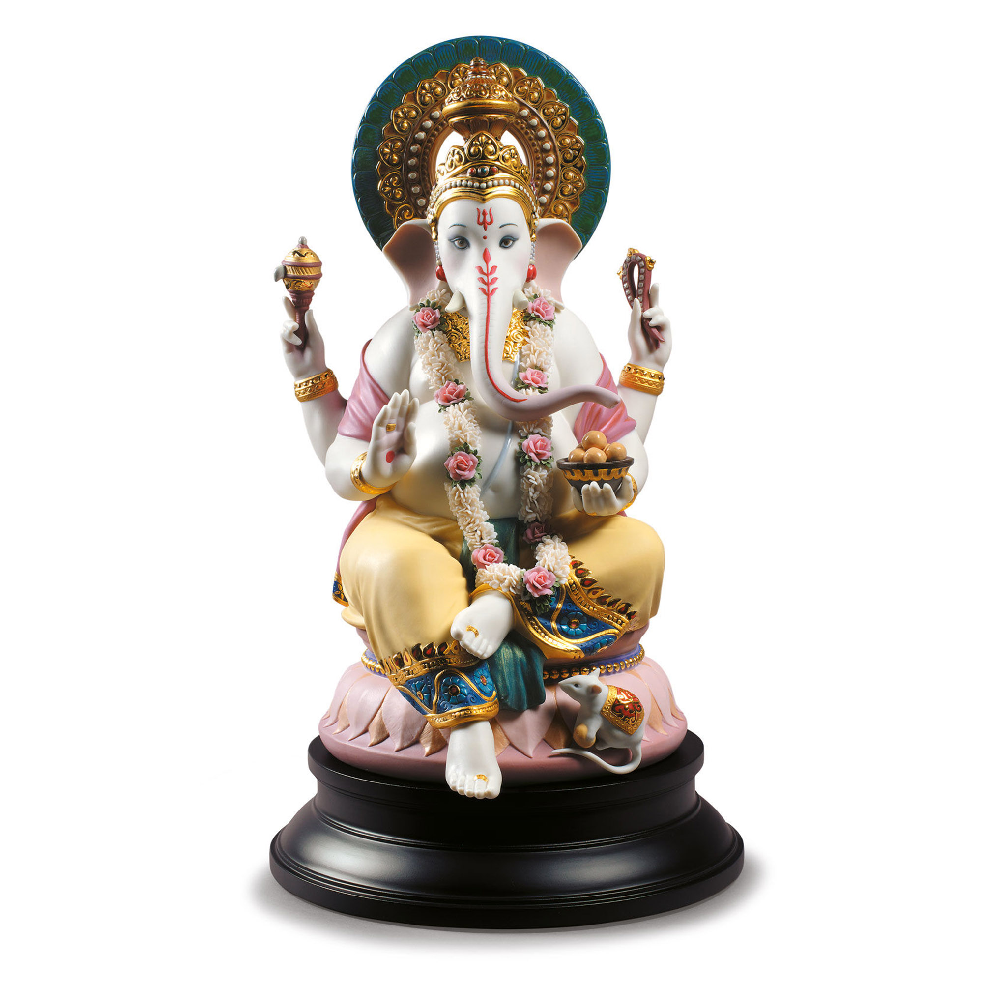 Lord Ganesha Sculpture. Limited Edition Porcelain sculpture of the Hindu god of knowledge and wisdom. It has a matte finish with gloss accents in gold lustre and matte effects.