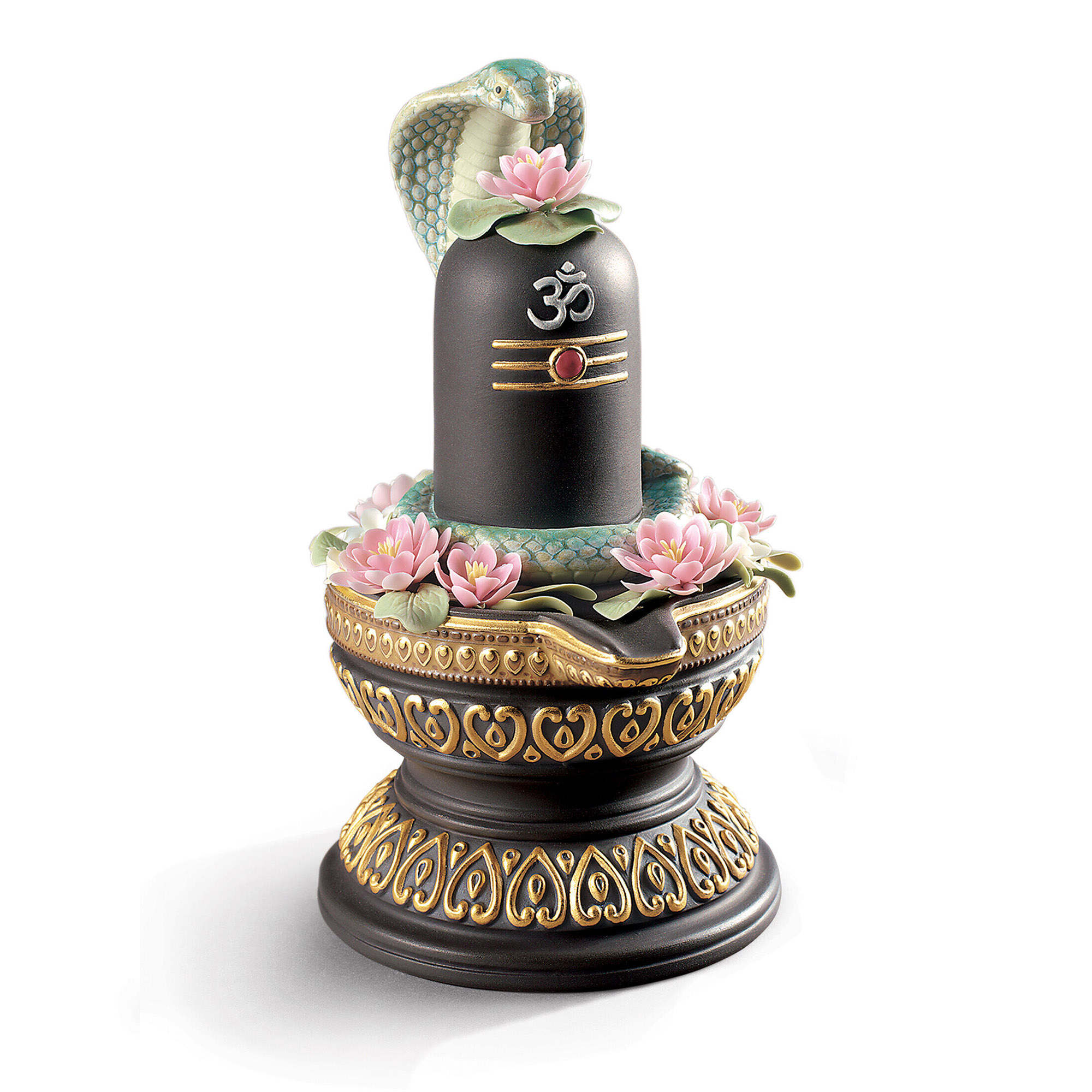 Lingam Figurine. Golden Lustre Porcelain Lingam figurine in black stoneware porcelain with gold lustre enamel, splendid ornamental work and handmade flowers.