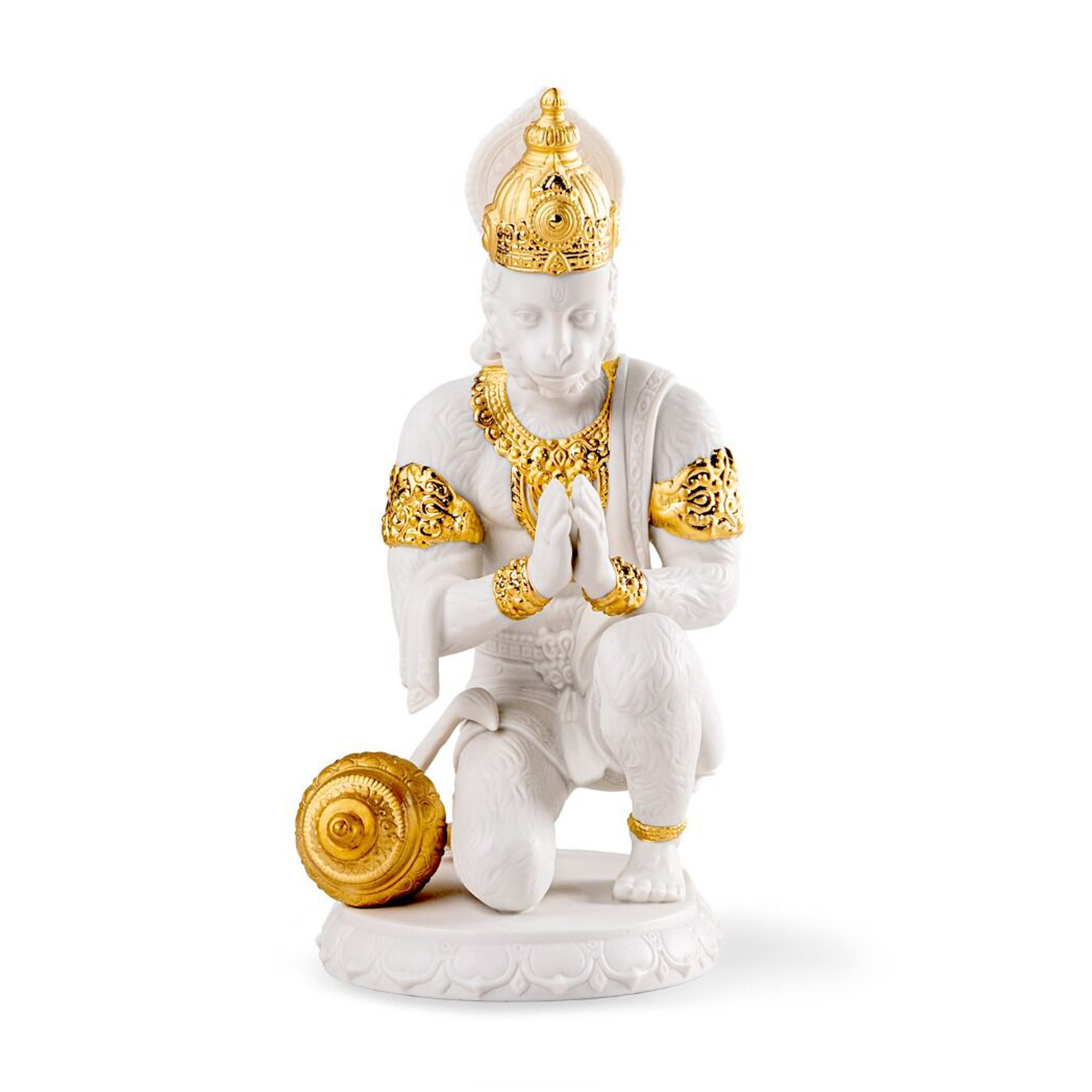 Hanuman Sculpture. Golden Luster Sculpture of the mythical Hindu character Hanuman made in matte porcelain and golden luster.