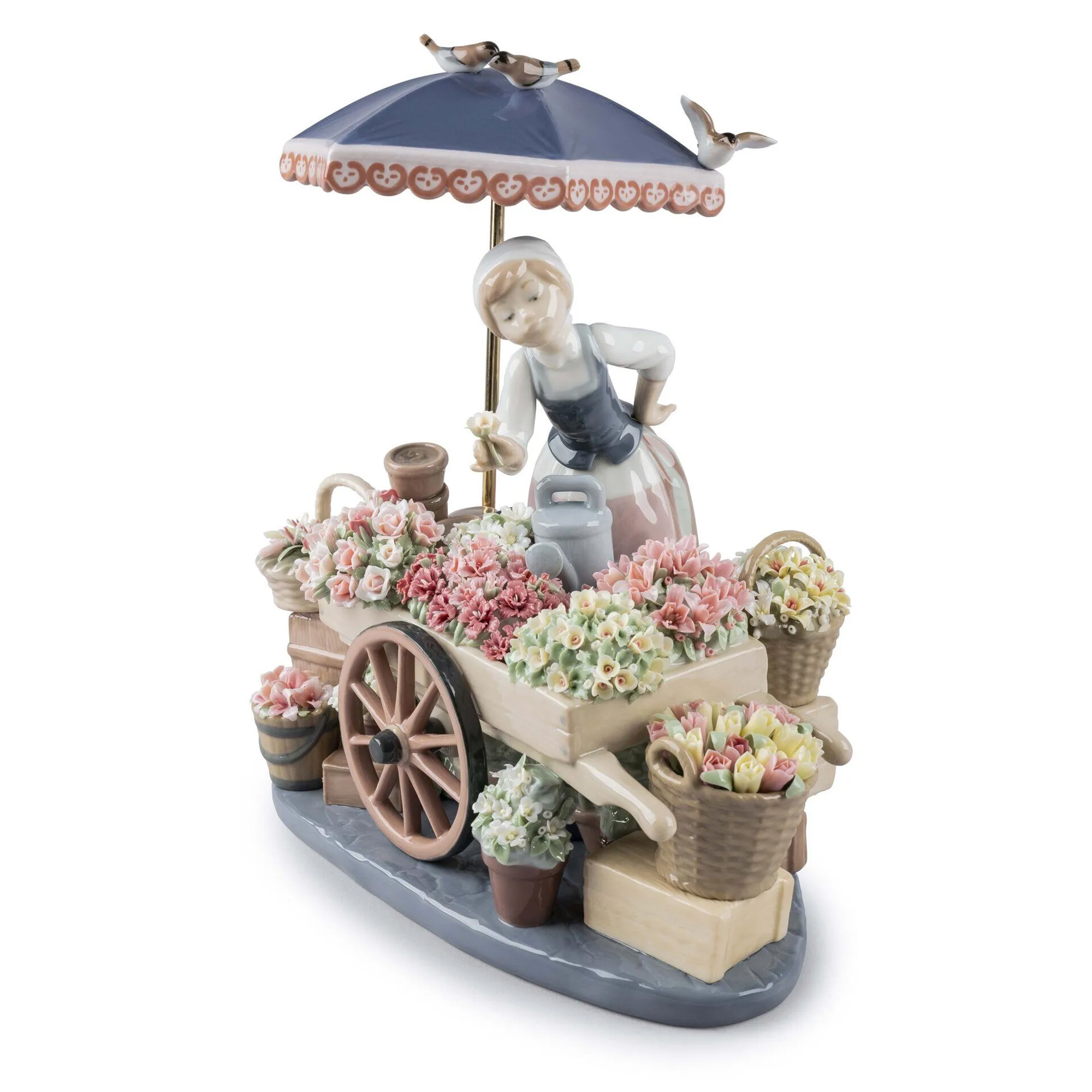 Flowers of The Season Woman Glossy porcelain sculpture of a woman selling flowers with lots of pots, boxes and baskets full of them,