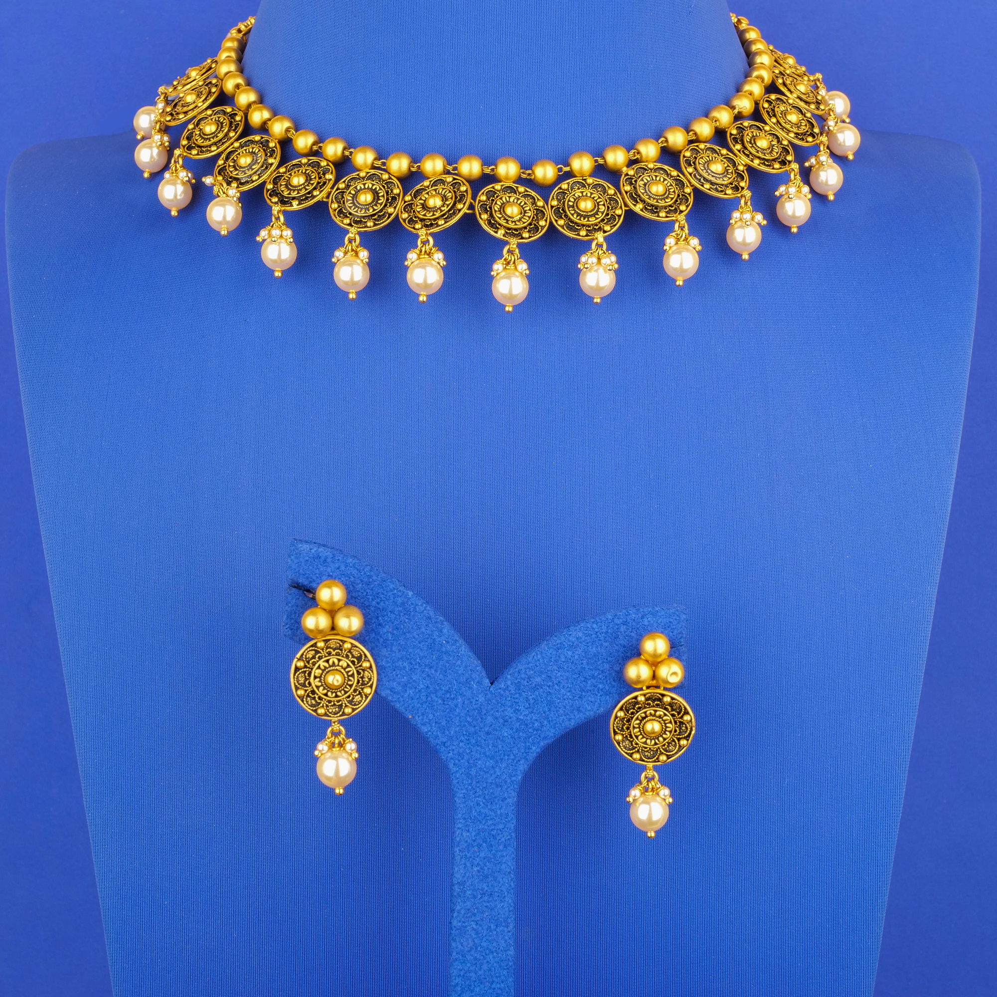22K 'Antique' Minakari Gold and Pearl Necklace and Earring Set