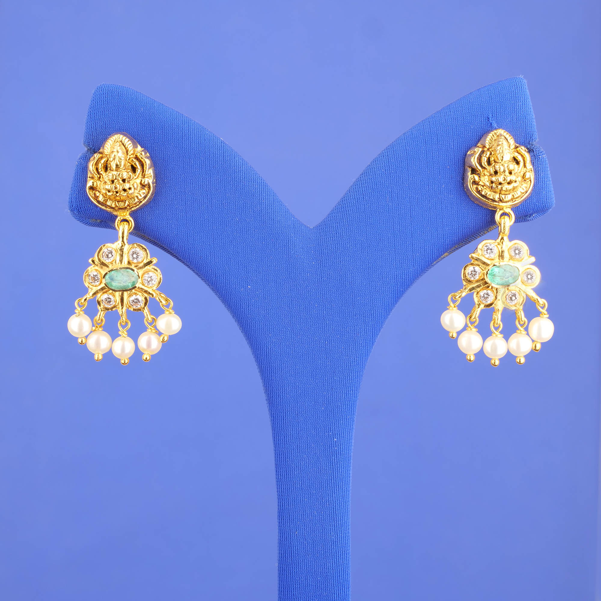22K 'Antique' Gold, CZ, Pearl, and Stones Earrings