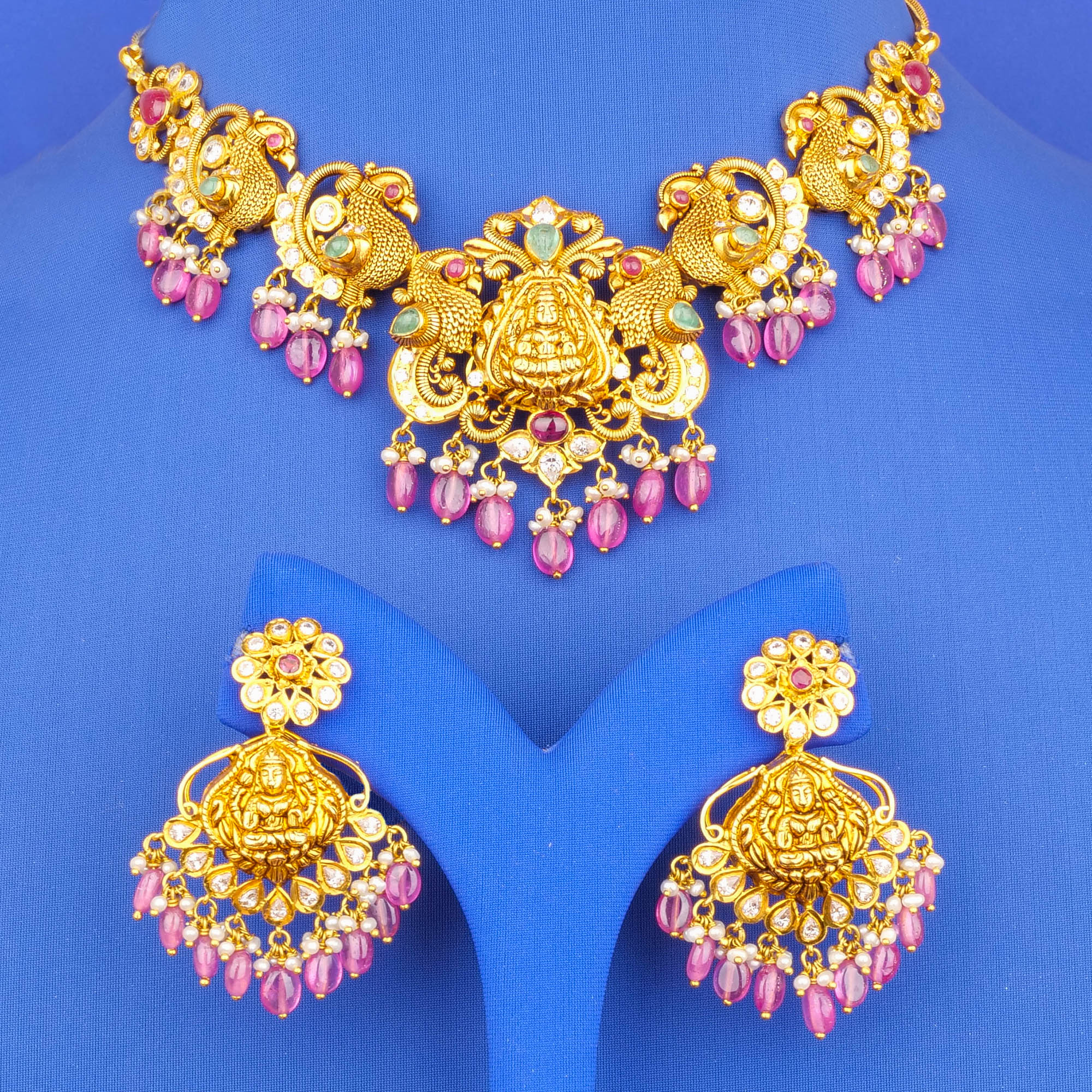 22K 'Antique' CS Pearl Necklace Earring Set (Detachable Pendant)