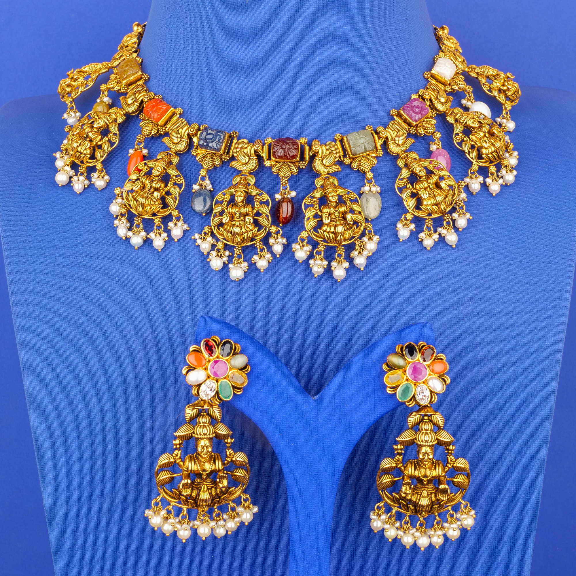 22K 'Antique' Navratna South Sea Pearl/Pearl Necklace and Earring Set