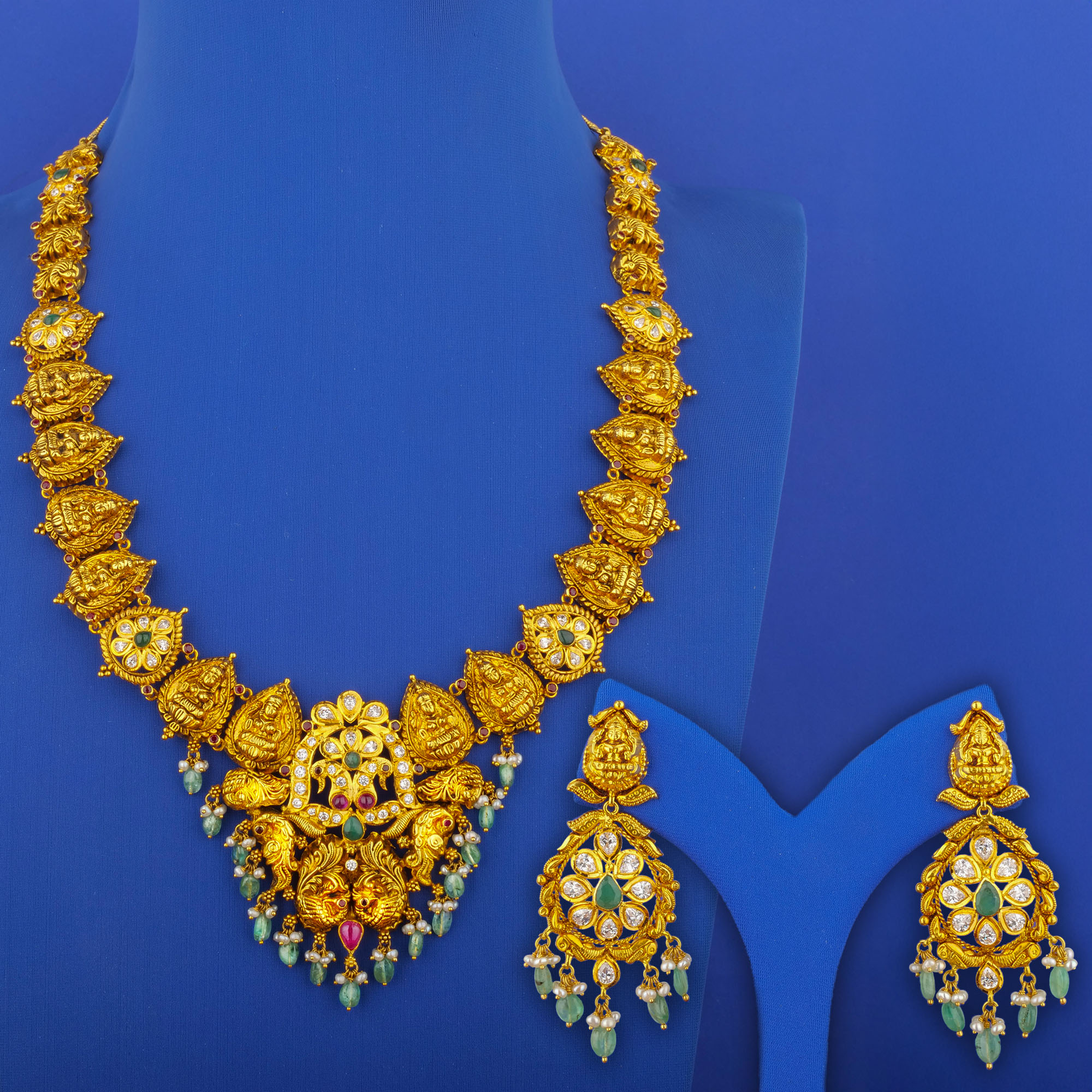 22K 'Antique' Ruby Emerald Cubic Zirconia Pearl Necklace and Earrings Set