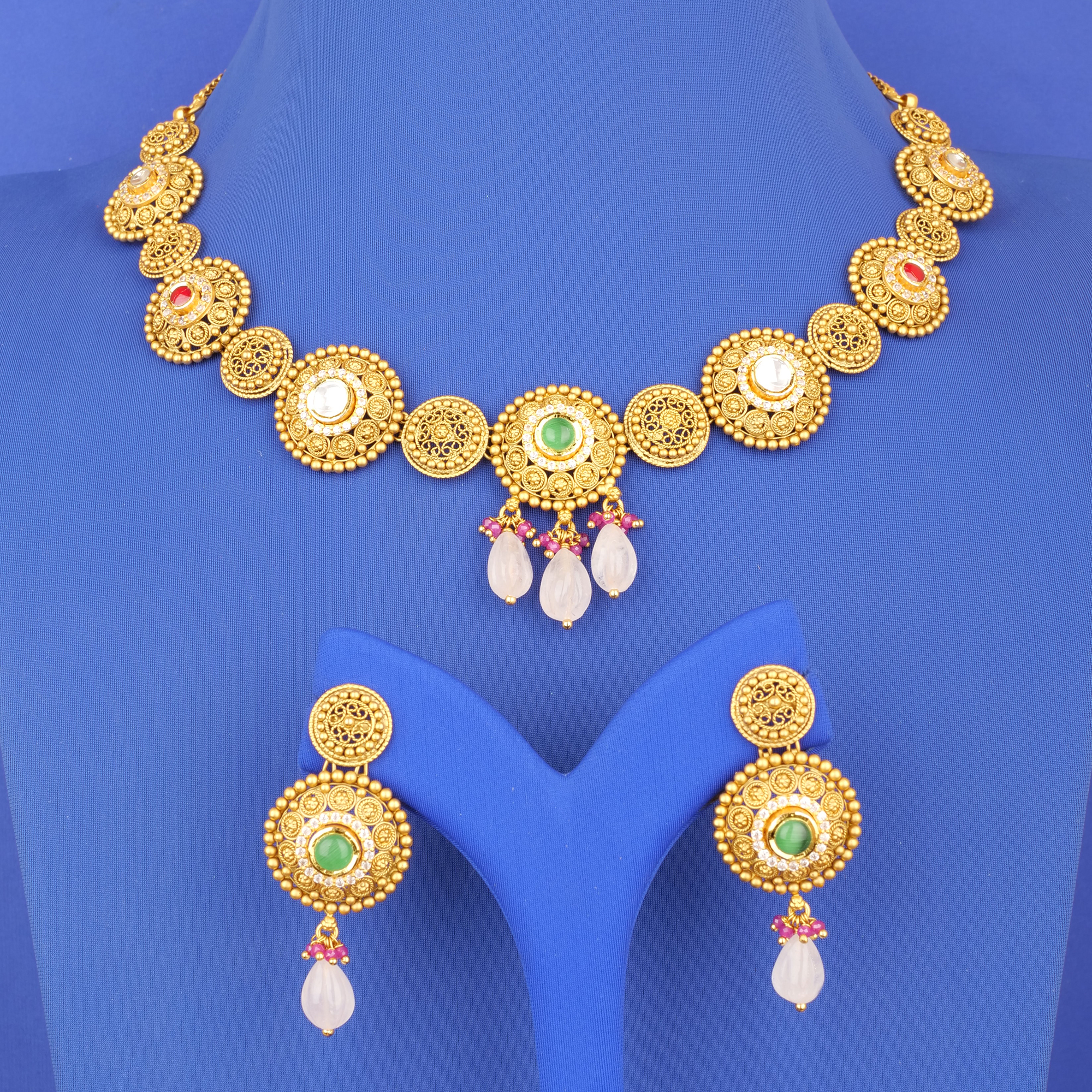 22K 'Antique' w/ Stones Necklace and Earring Set