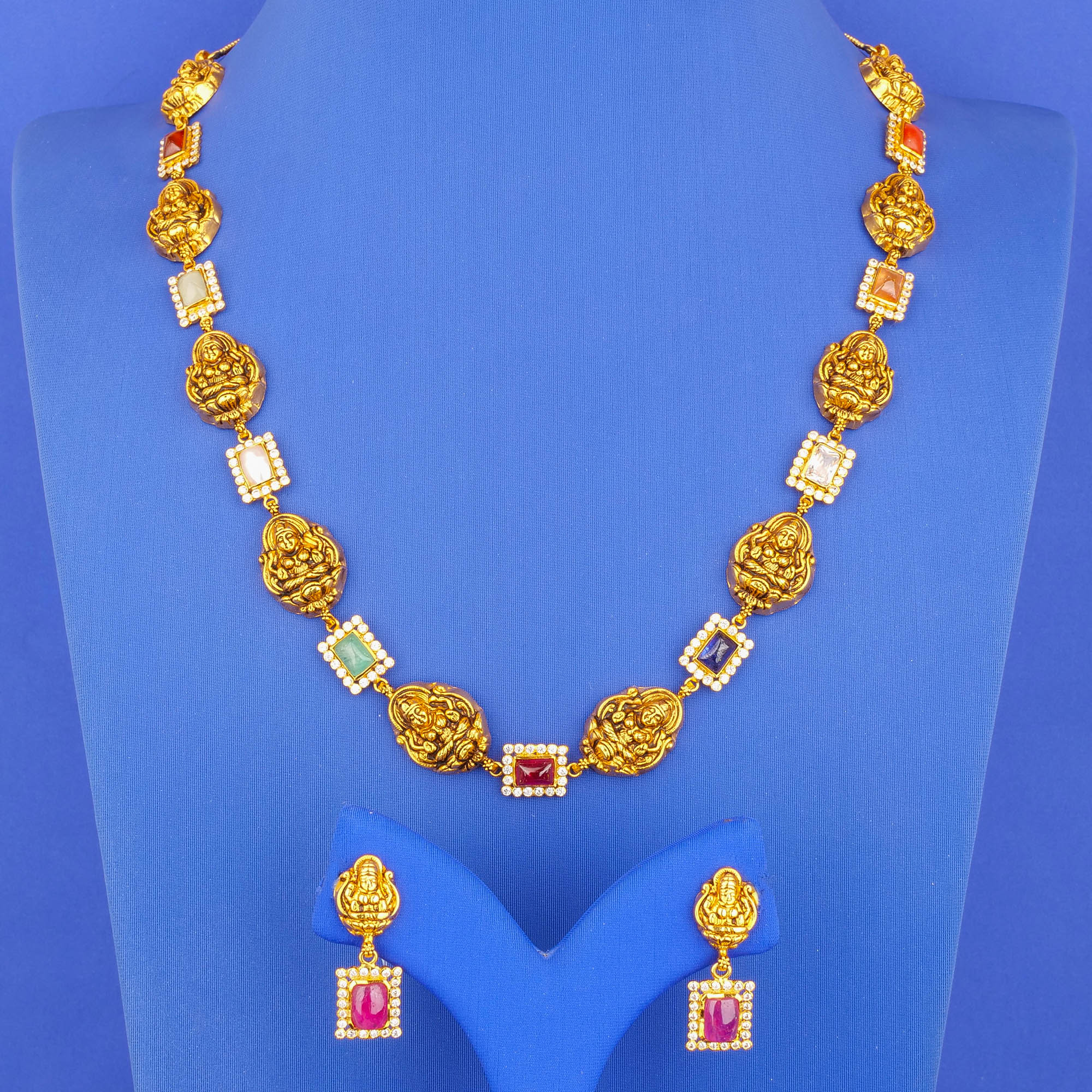 22K 'Antique' Navratna Necklace and Earring Set