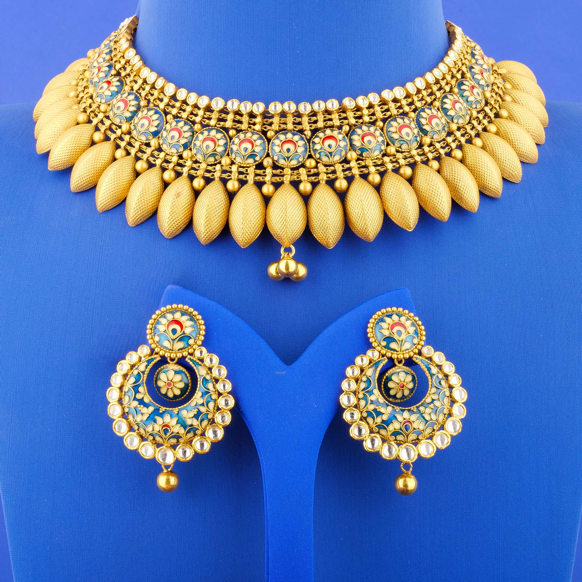 22K 'Antique' Minakari Kundan Necklace and Earring Set