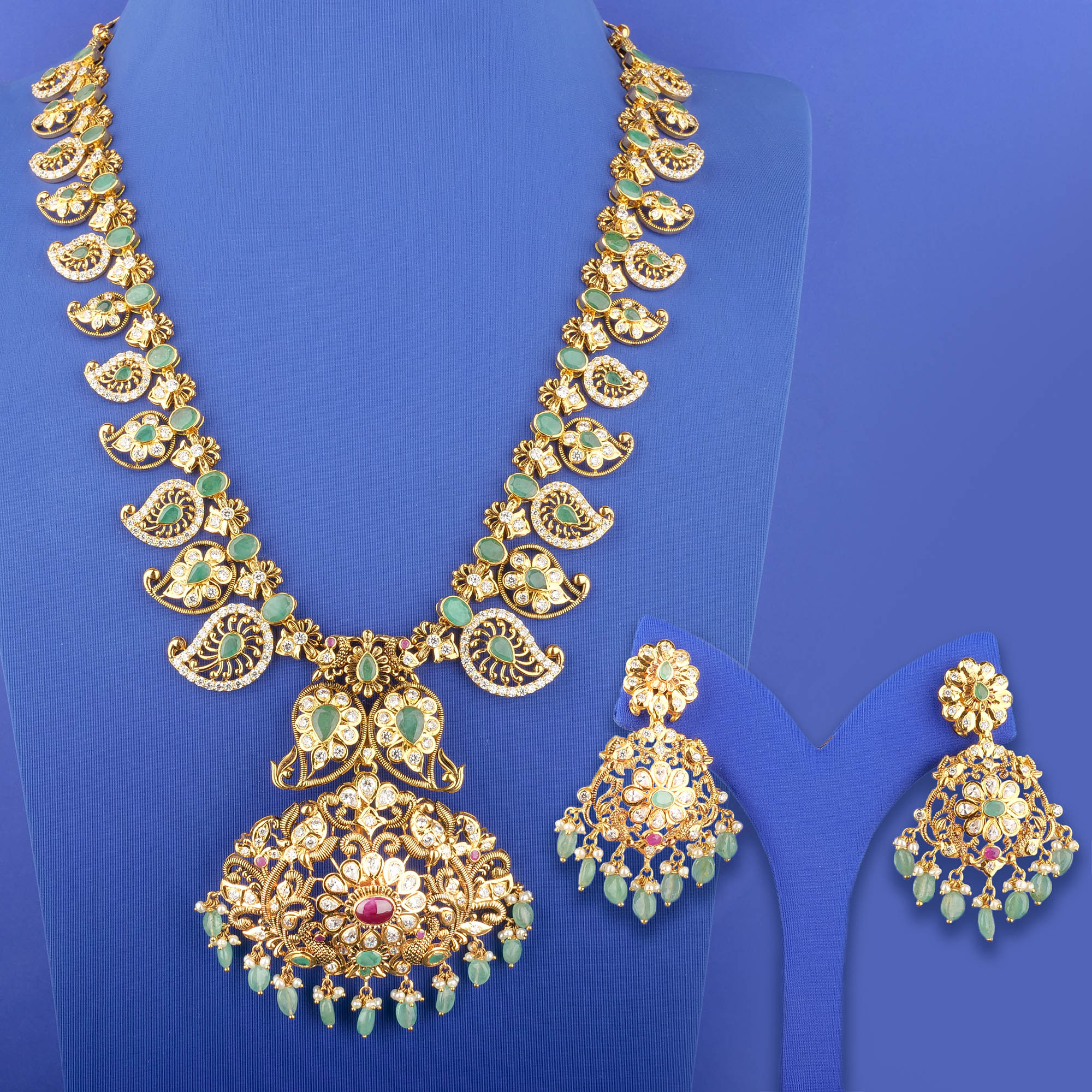 22K 'Antique' 'Ram Parivaar' Ruby Emerald Cubic Zirconia Pearl Necklace and Earring Set