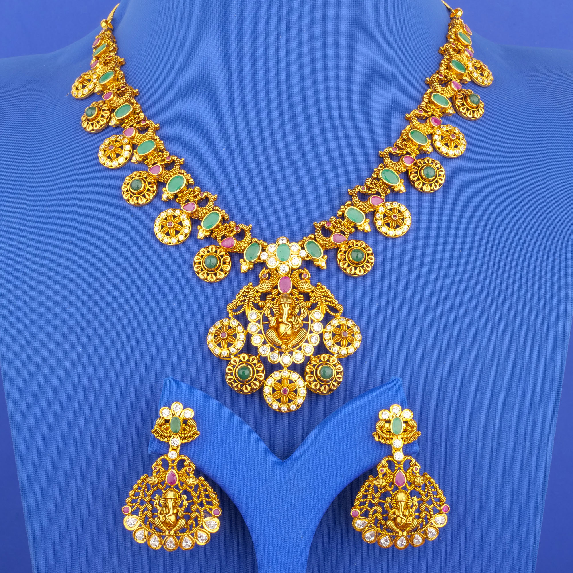 22K 'Antique' 'Ganesha' Necklace and Earrings Set (Cat. #39)