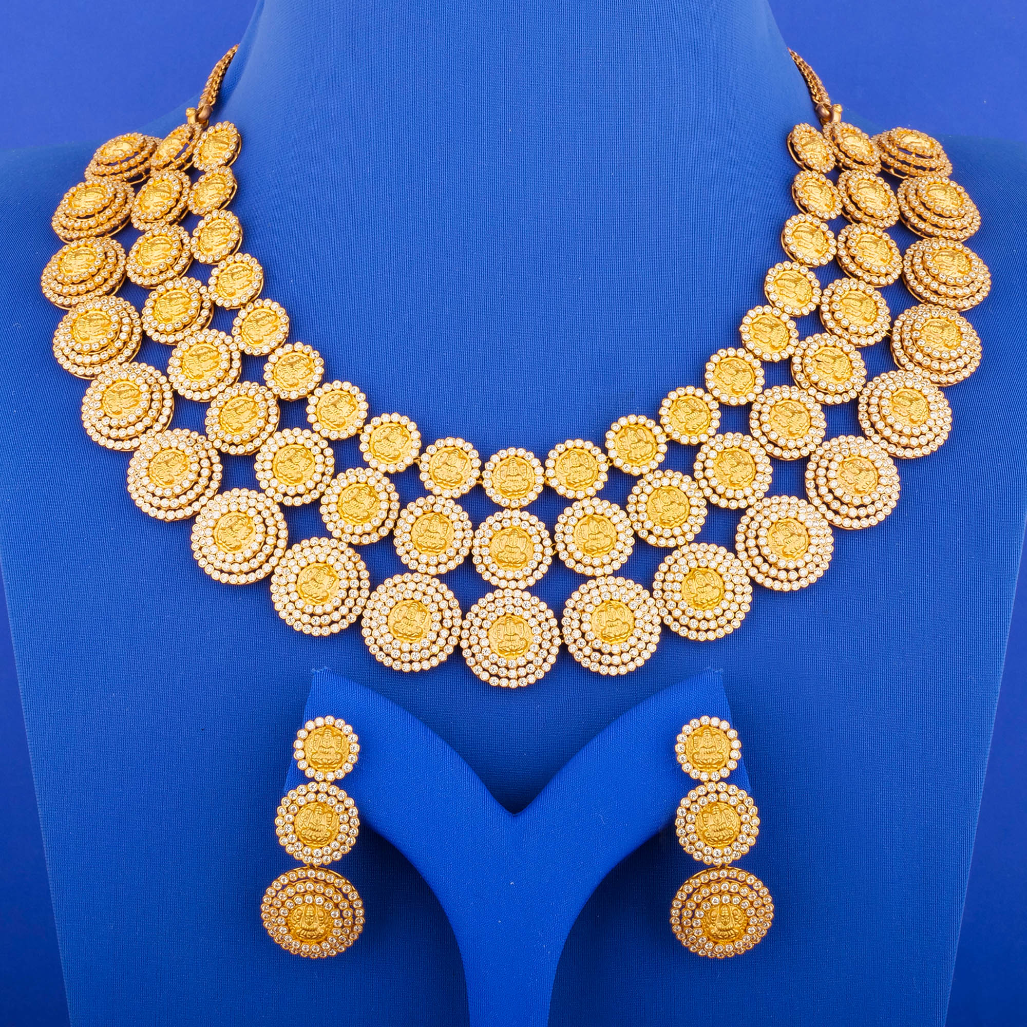 22K 'Antique' RG 'Lakshmi' Necklace and Earrings Set w/ Cubic Zirconia