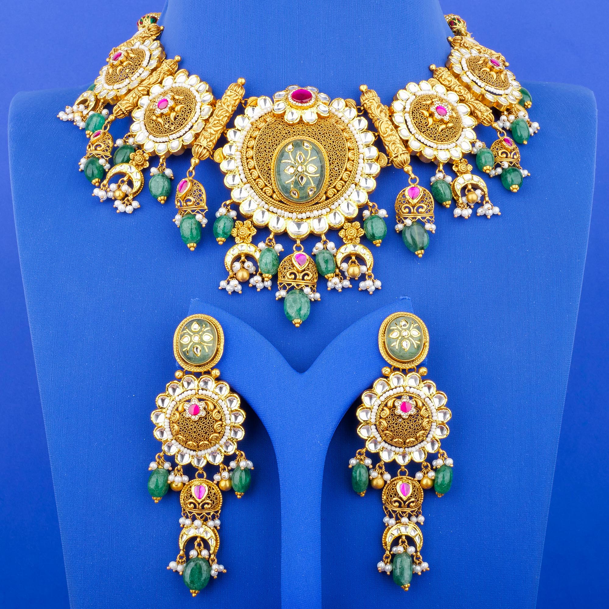 22K 'Antique' Kundan Jade Pearl Necklace and Earring Set