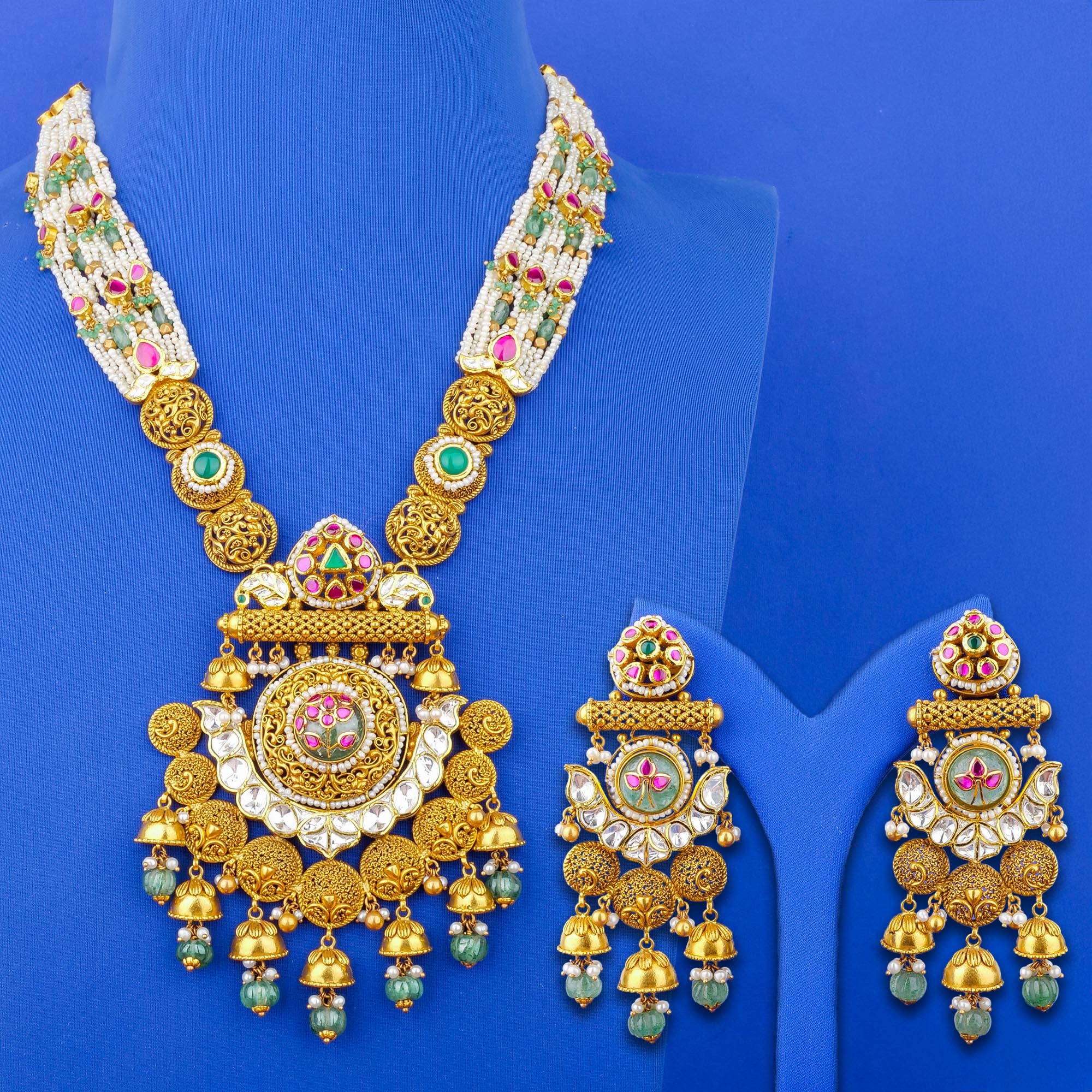 22K 'Antique' Kundan Jade Pearl Necklace and Earring Set