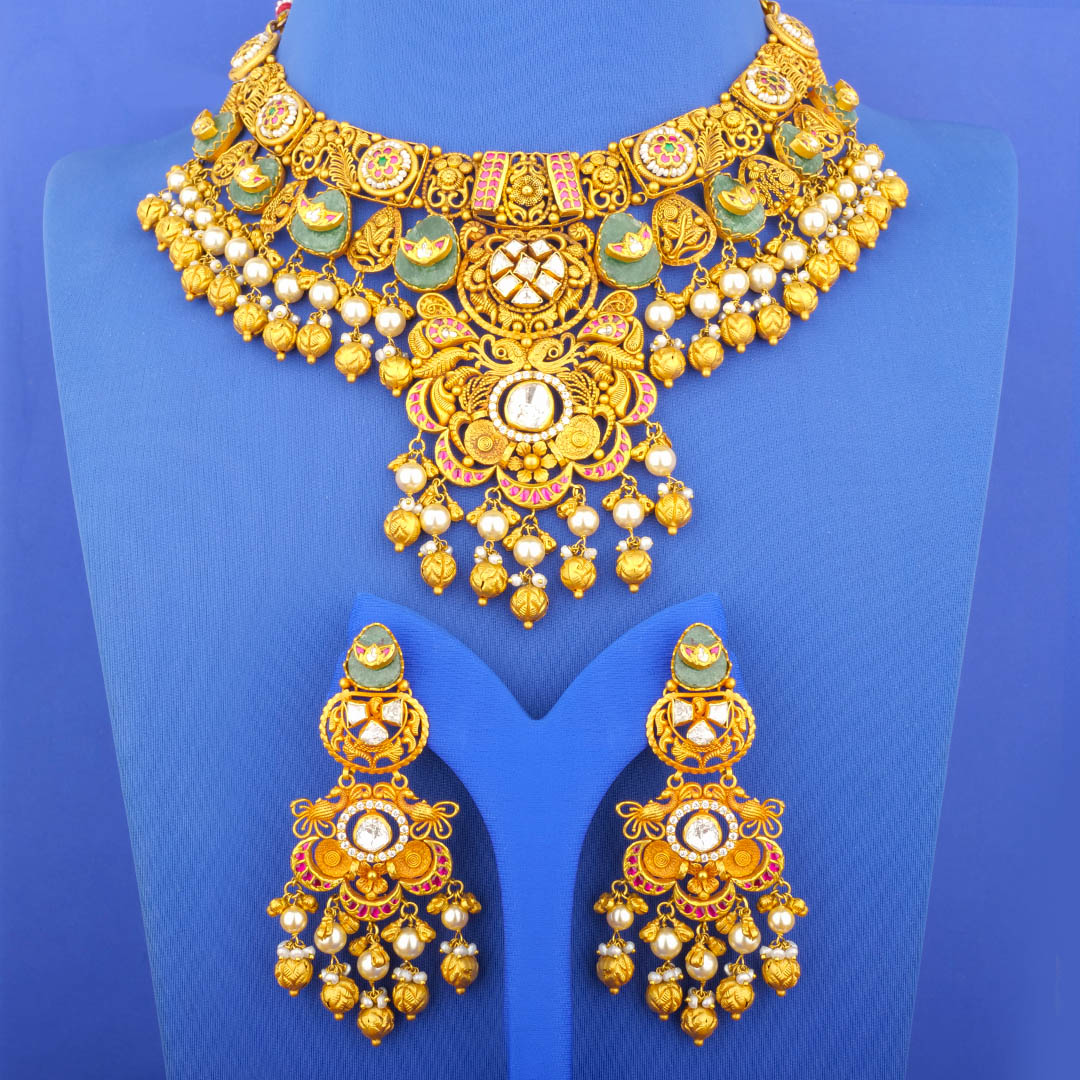 Twenty-Two Karat 'Antique' Kundan Jade Pearl Necklace and Earrings Set