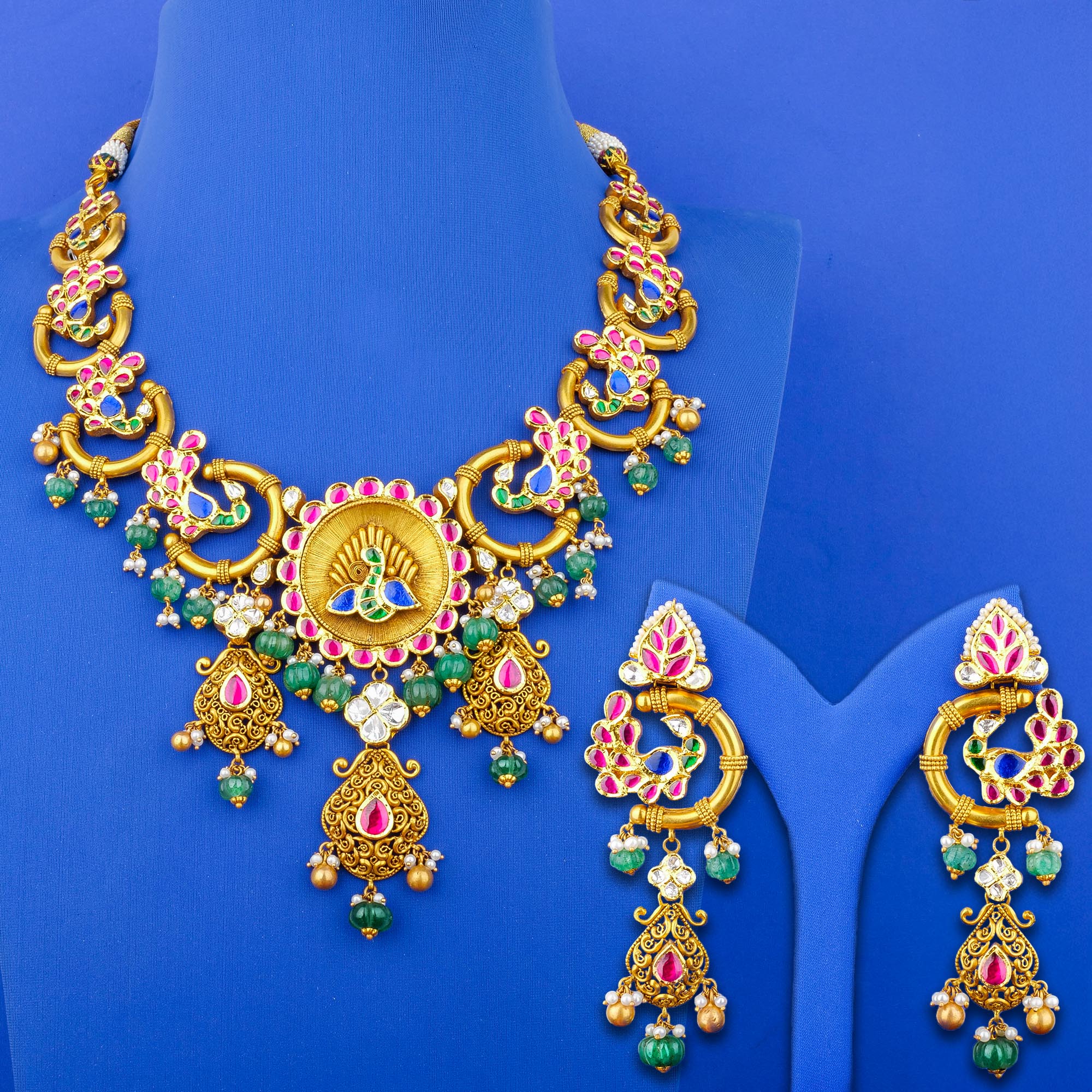 22K 'Antique' Kundan Jade Pearl Necklace and Earring Set