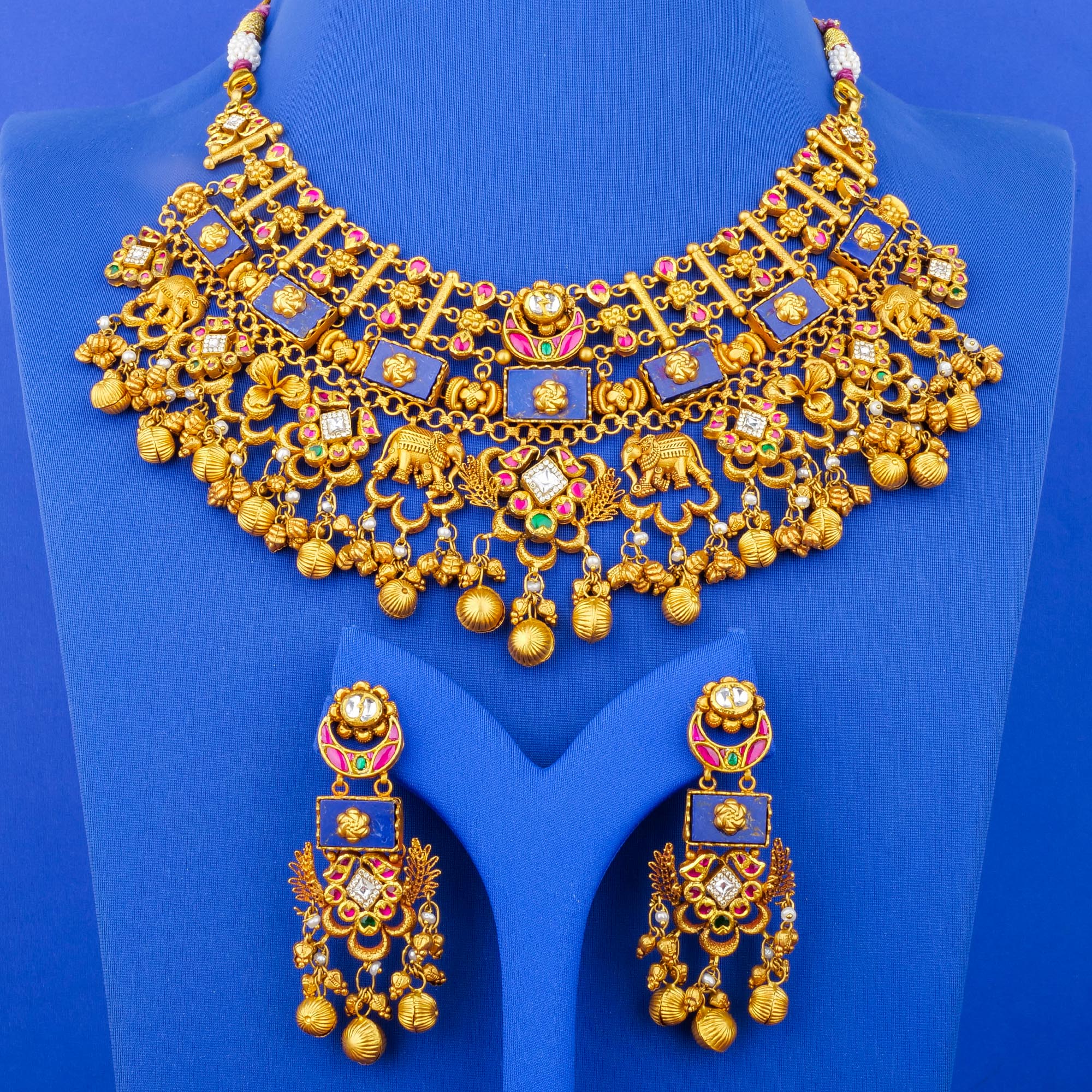 22K 'Antique' Kundan Lapis Pearl Necklace and Earring Set