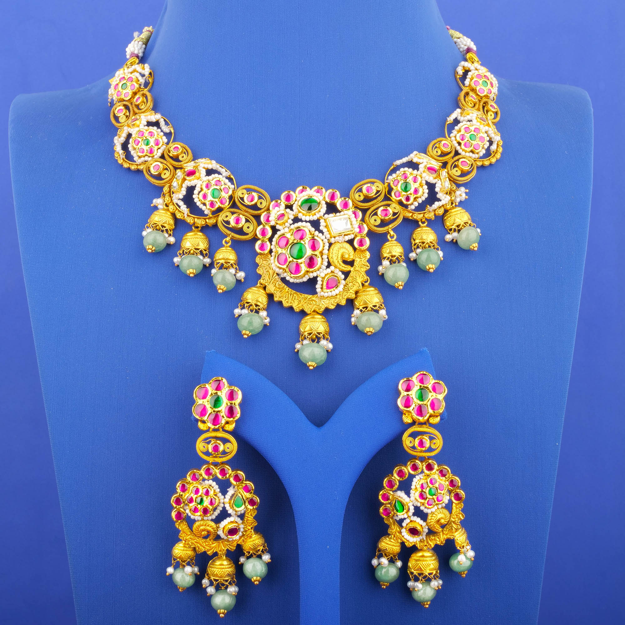 22K 'Antique' Kundan Jade Pearl Necklace and Earrings Set