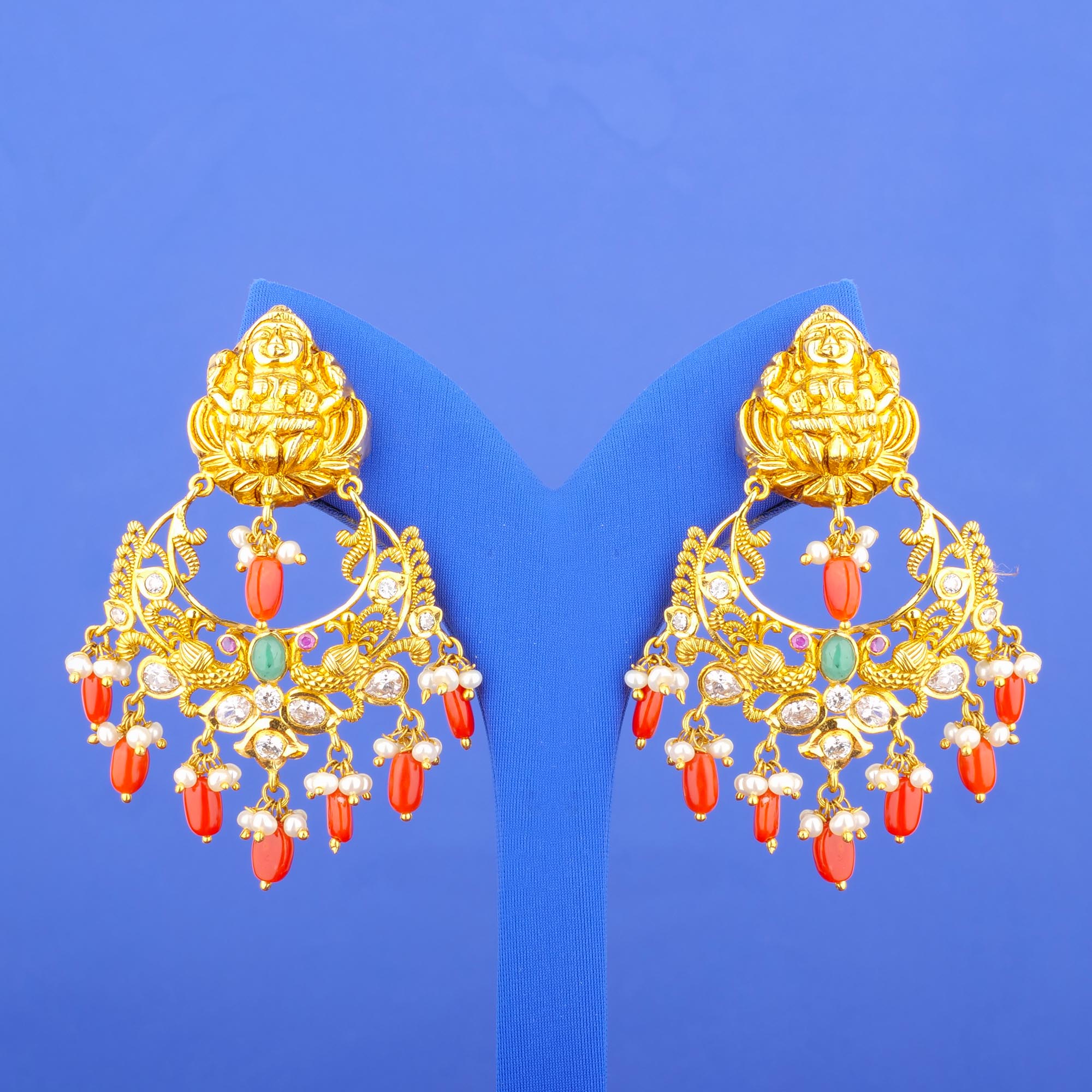 Twenty-Two Karat 'Antique' Coral Cubic Zirconia Pearl Earrings