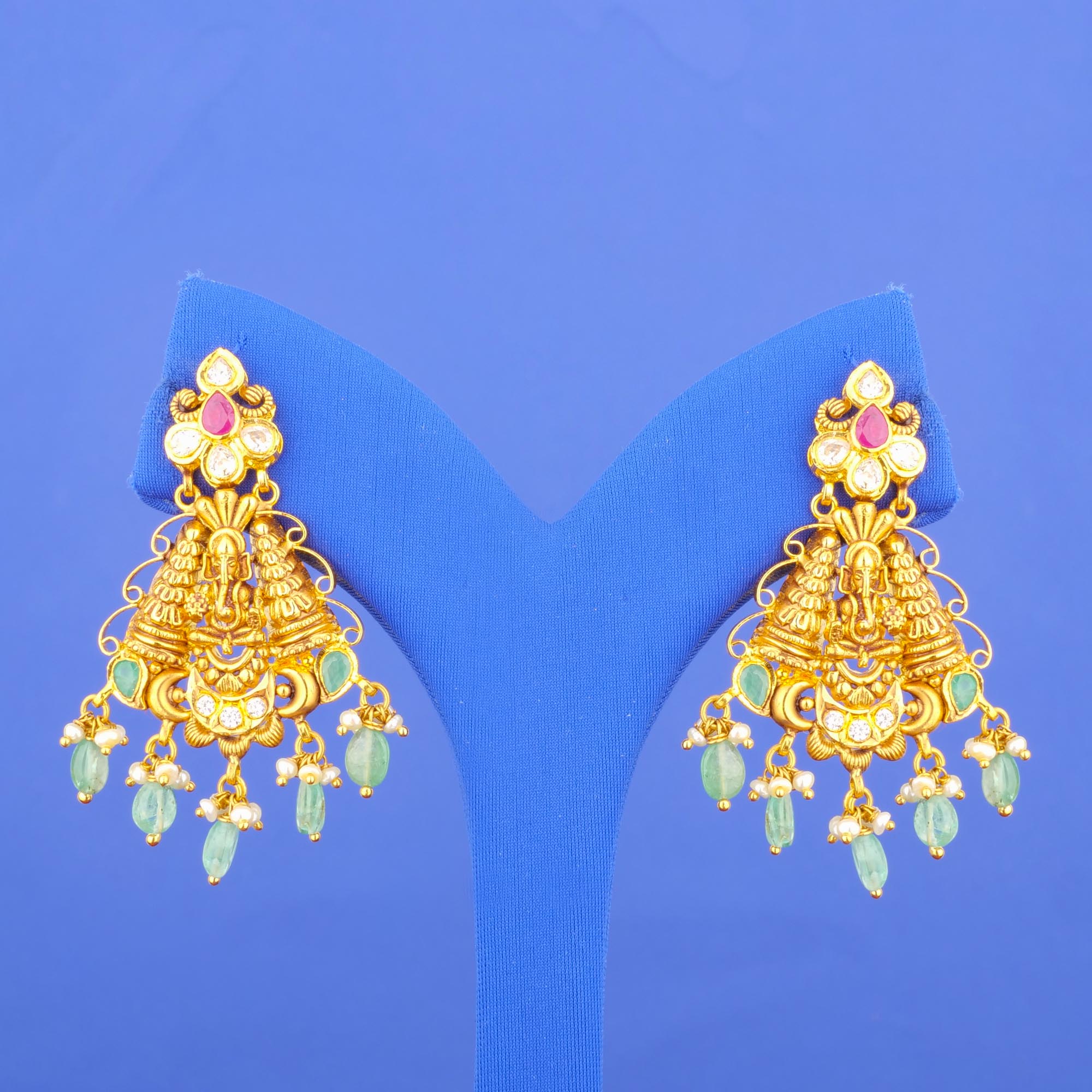 Twenty-Two Karat 'Antique' Emerald Pearl Cubic Zirconia Earrings