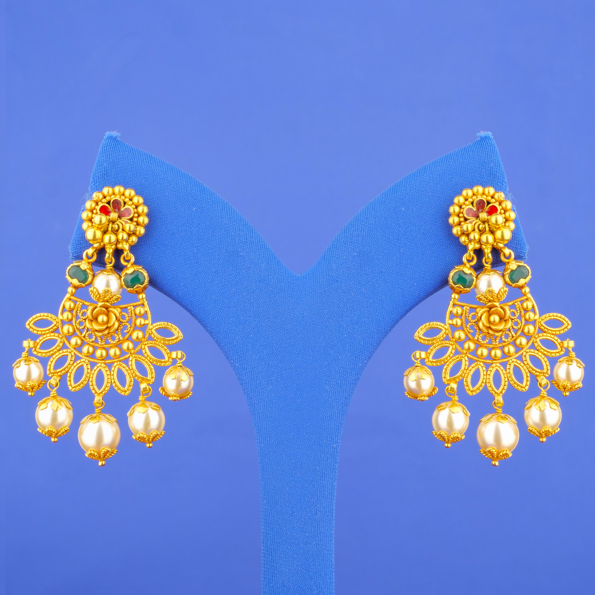 22K 'Antique' Minakari Emerald Pearl Earrings