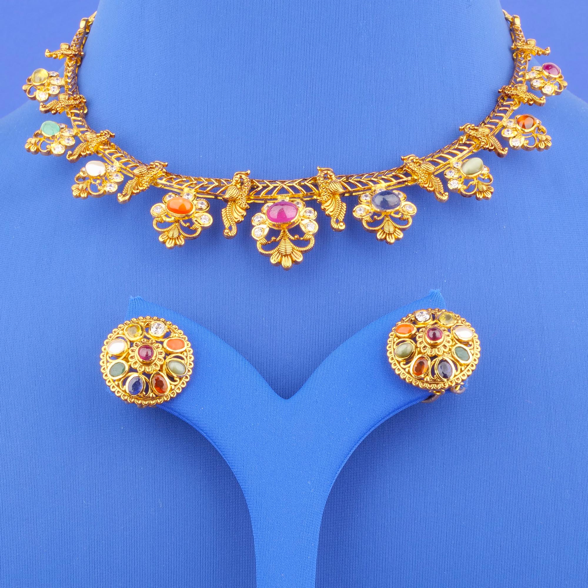 22K 'Antique' Navratna Necklace and Earrings Set