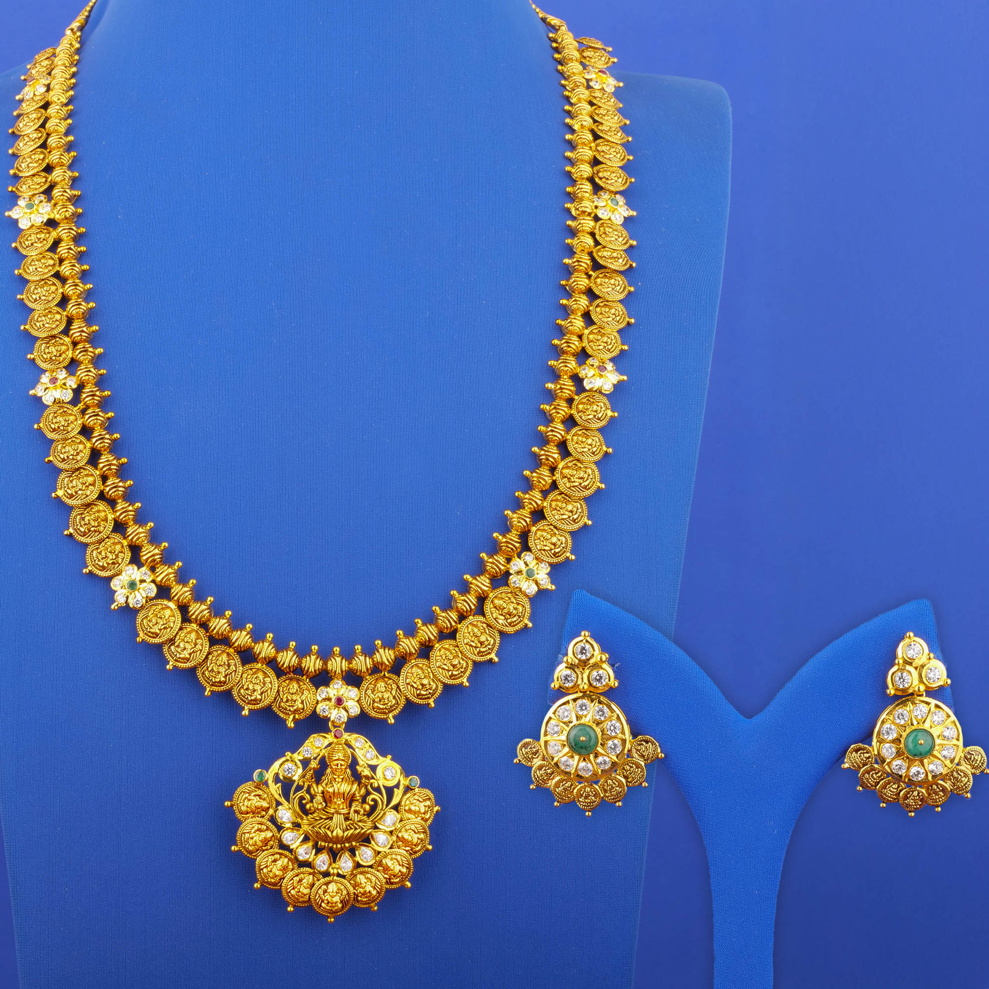 22K 'Antique' Lakshmi Ruby Emerald Cubic Zirconia Necklace and Earrings Set (Detachable Pendant)