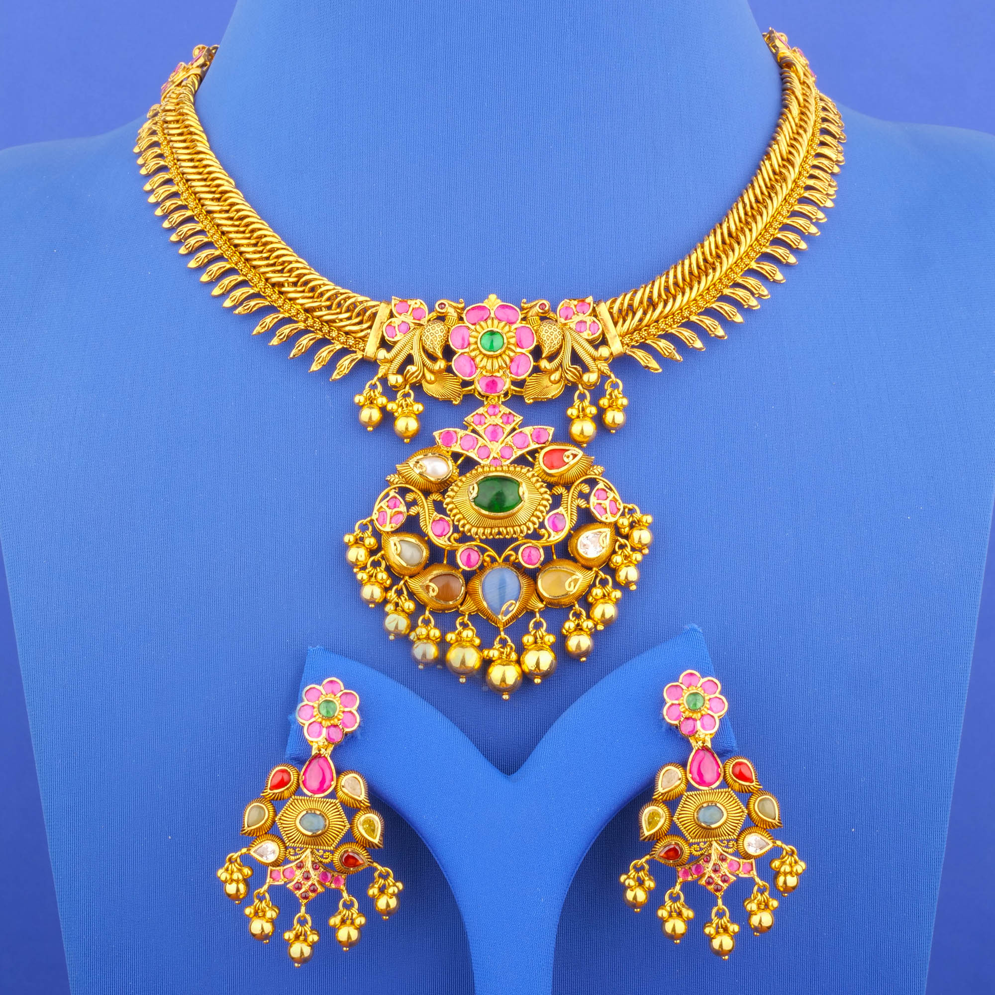 22K 'Antique' Navratna Kundan Necklace and Earrings Set