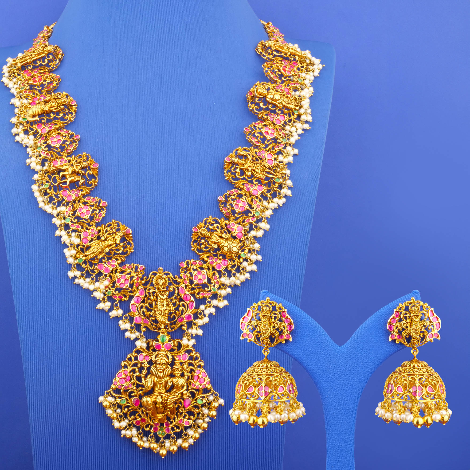 22K 'Dashavatara' Kundan Pearl Necklace and Earrings Set