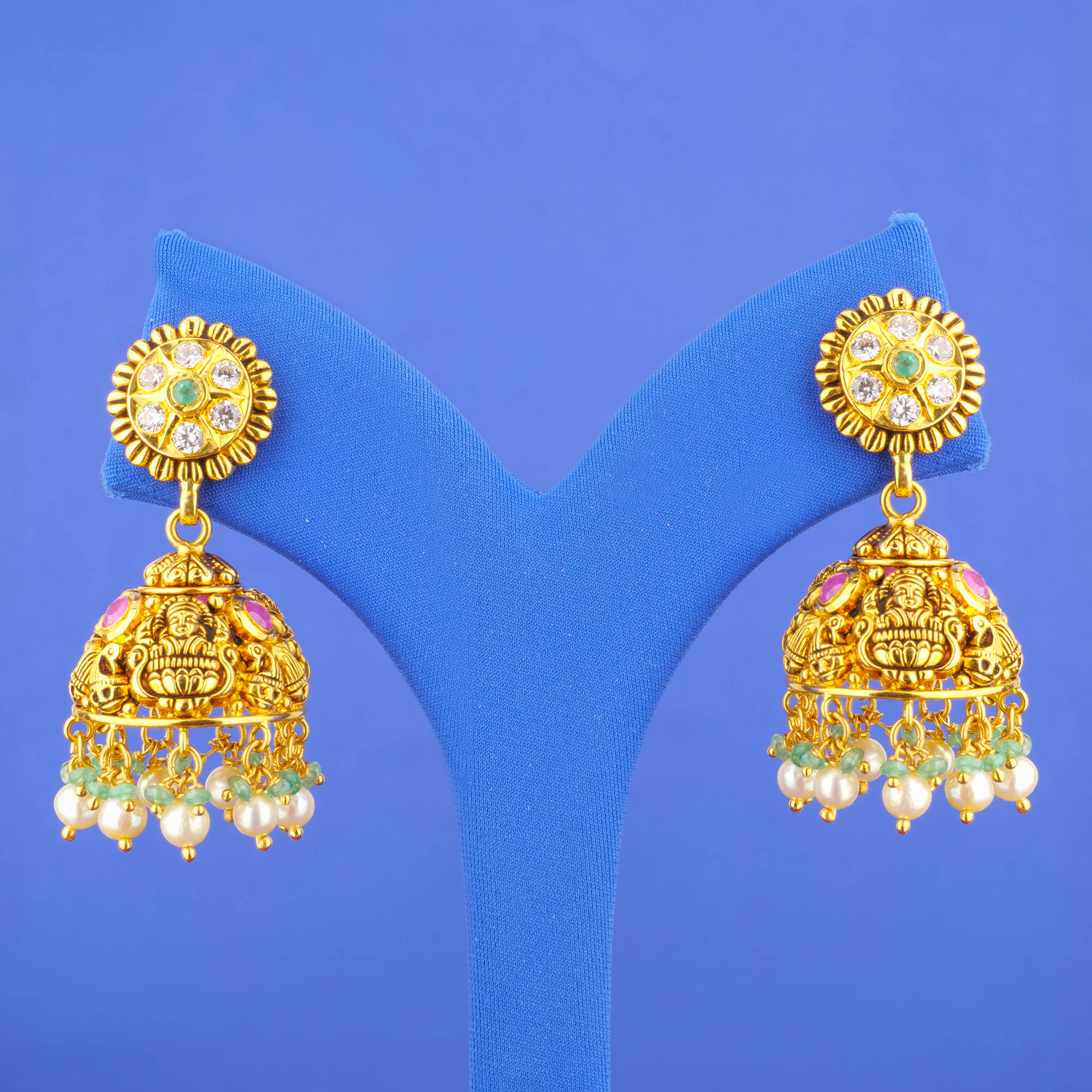 22K 'Antique' Ruby Emerald Cubic Zirconia Pearl 'Jhumka' Earrings