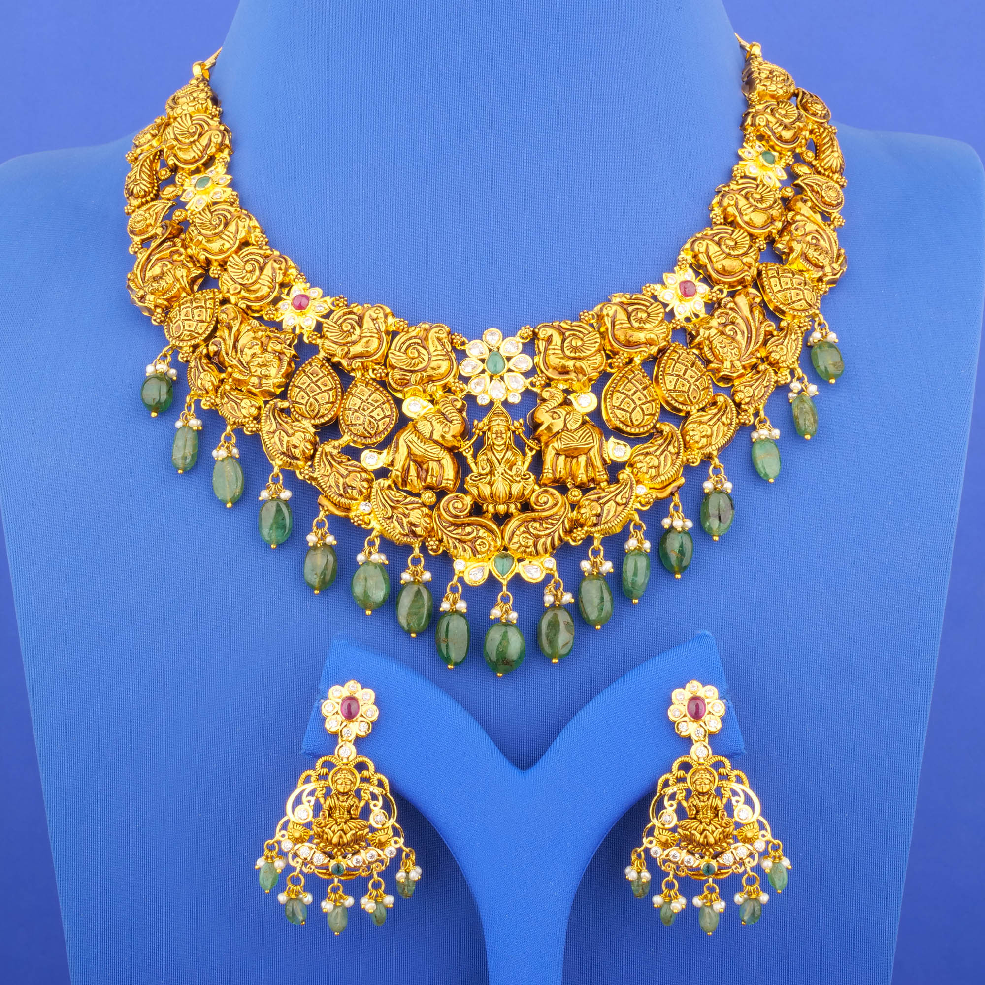 22K 'Antique' Ruby Emerald Pearl Cubic Zirconia Necklace and Earrings Set