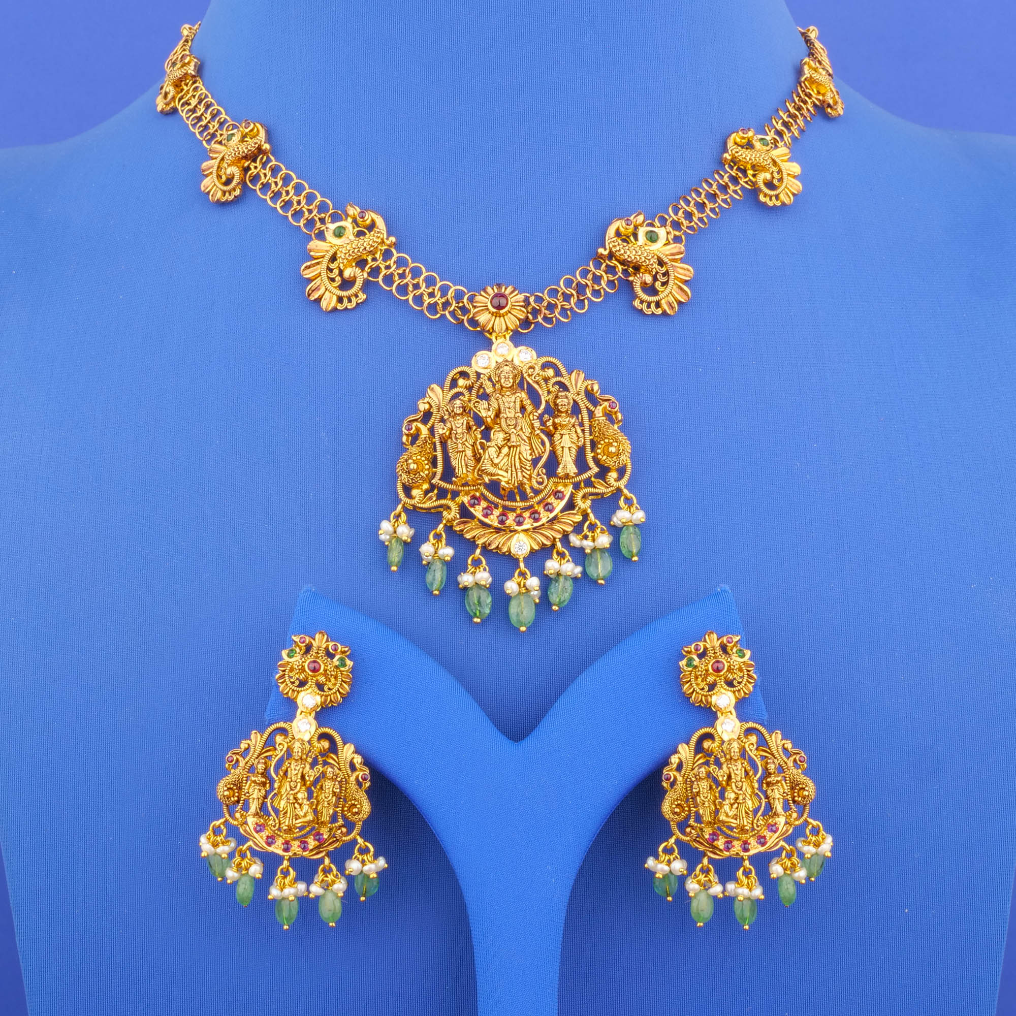 22K 'Antique' Ram Parivaar Ruby Emerald Cubic Zirconia Pearl Necklace and Earrings Set