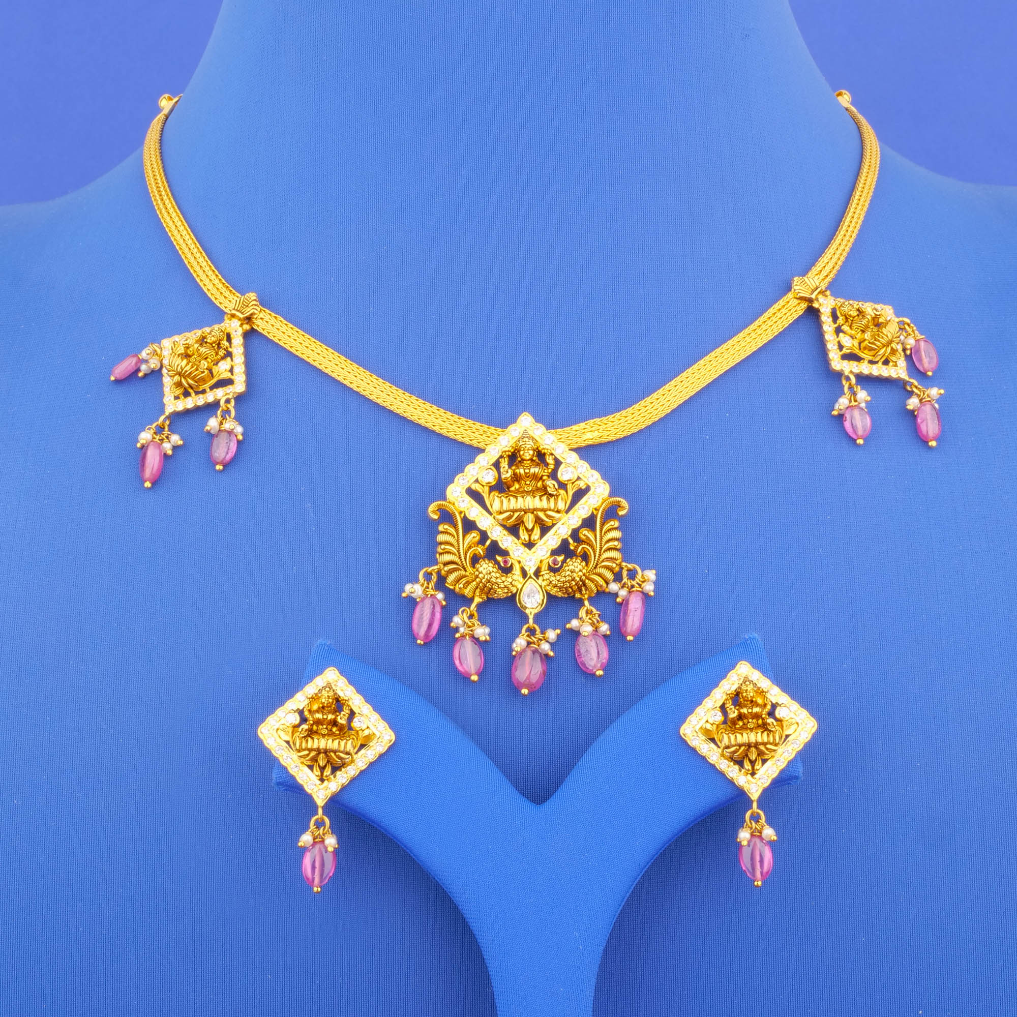 22K 'Antique' Ruby Cubic Zirconia Pearl Necklace and Earrings Set