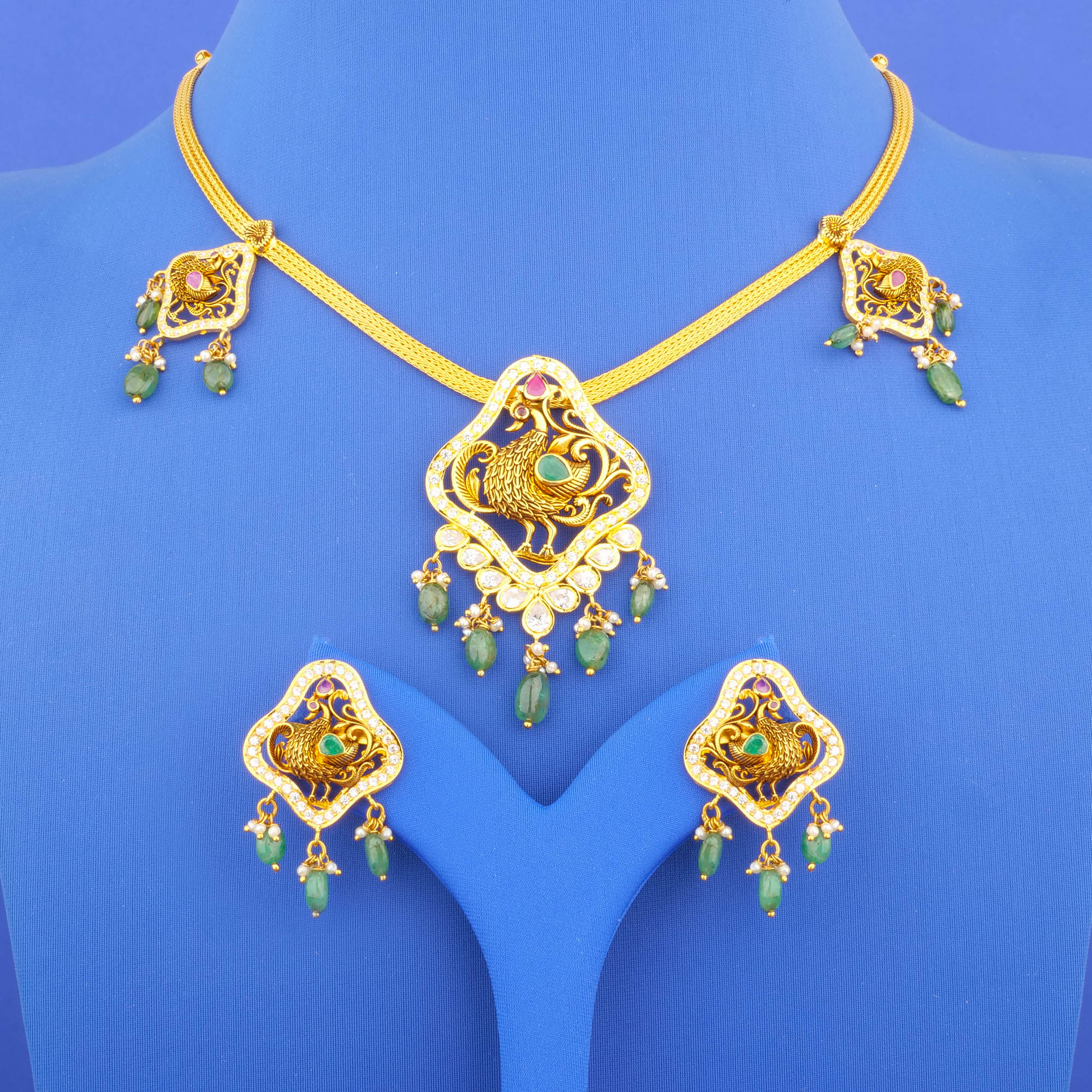 22K 'Antique' Ruby Emerald Cubic Zirconia Pearl Necklace and Earrings Set